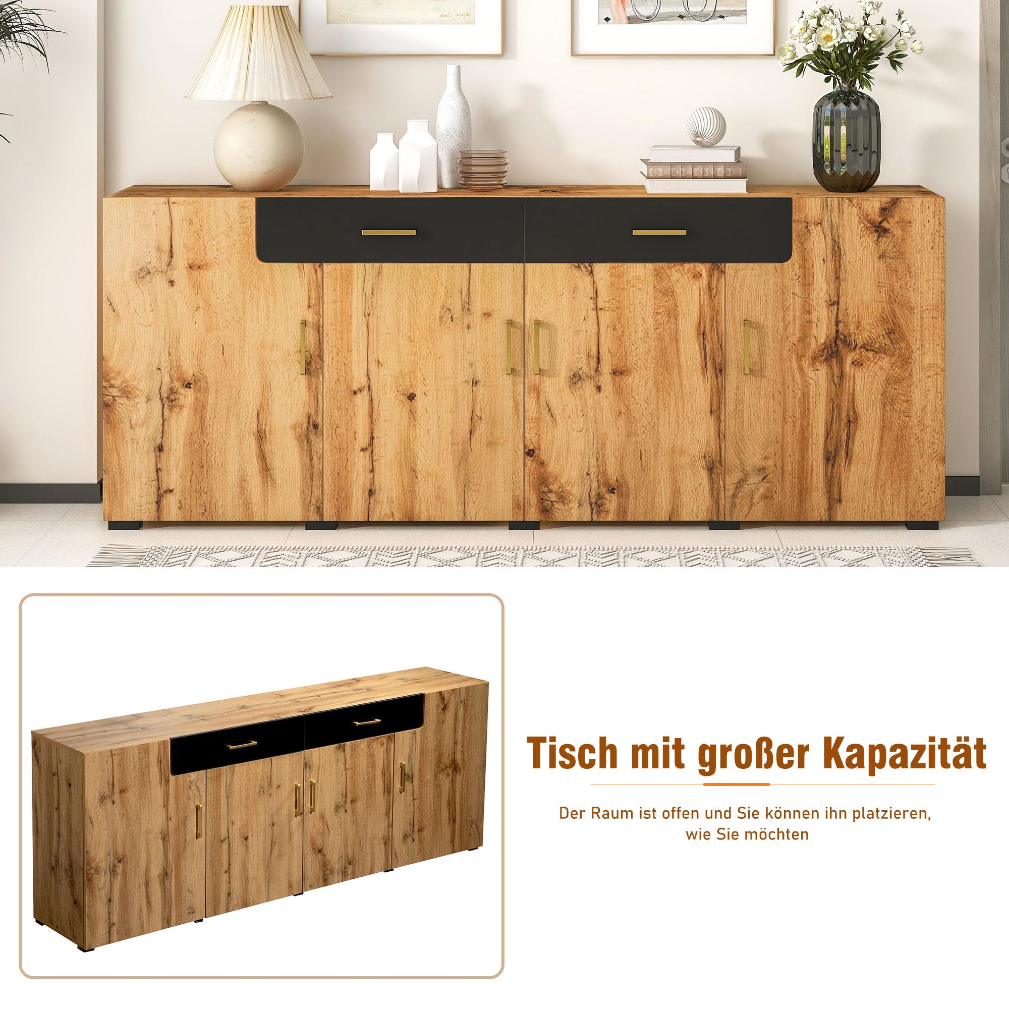 Holzschrank mit Schubladen und Türen. Kleineres inset Bild zeigt den Schrank. Goldene Griffe.