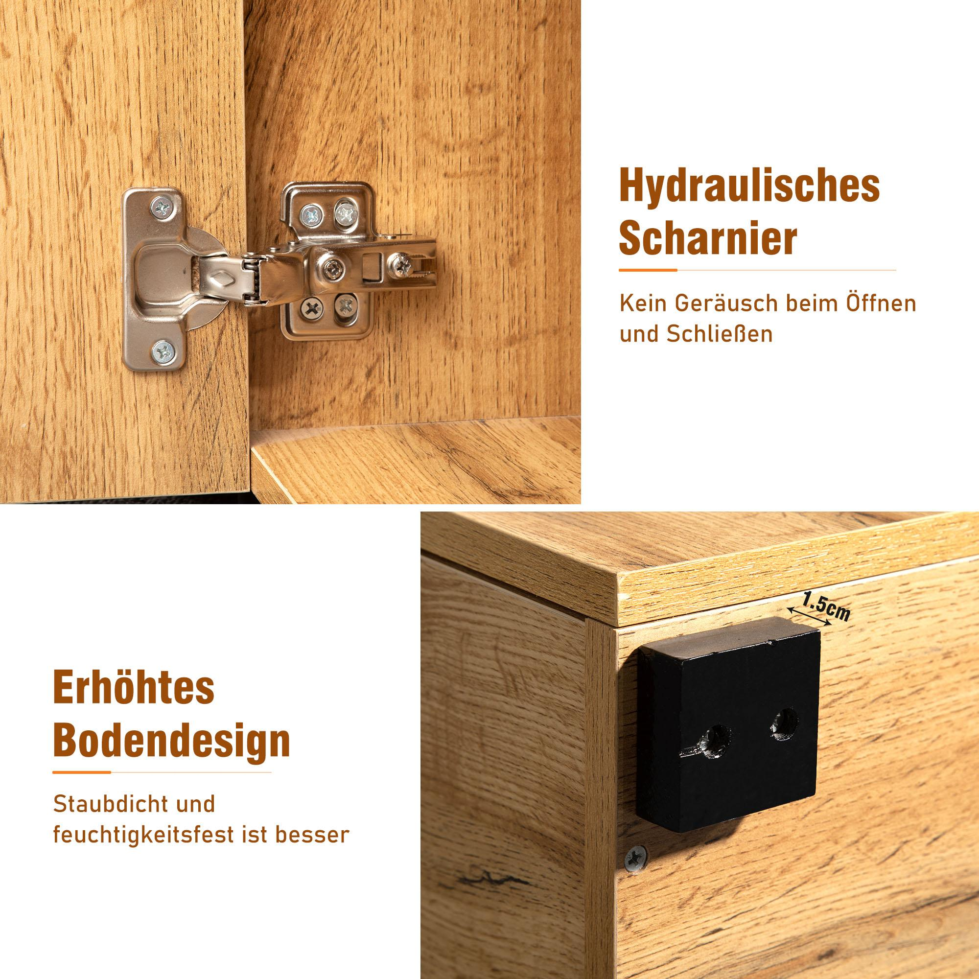 Nahaufnahme eines Schrankbands und einer schwarzen Halterung. Text: Hydraulisches Scharnier, kein Geräusch beim Öffnen und Schließen.