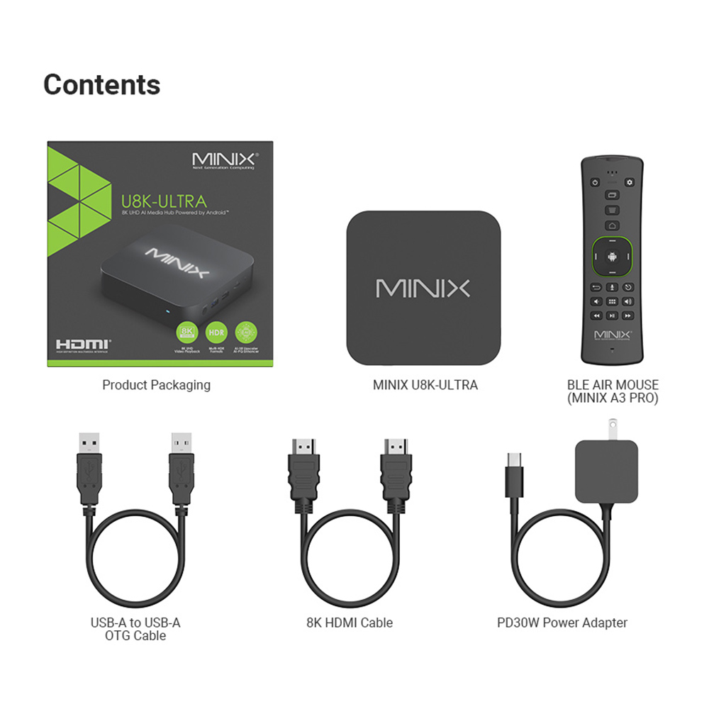 Box mit Gerät, Fernbedienung, Kabel und Adapter. Das Gerät hat das MINIX-Logo. Weißer Hintergrund.