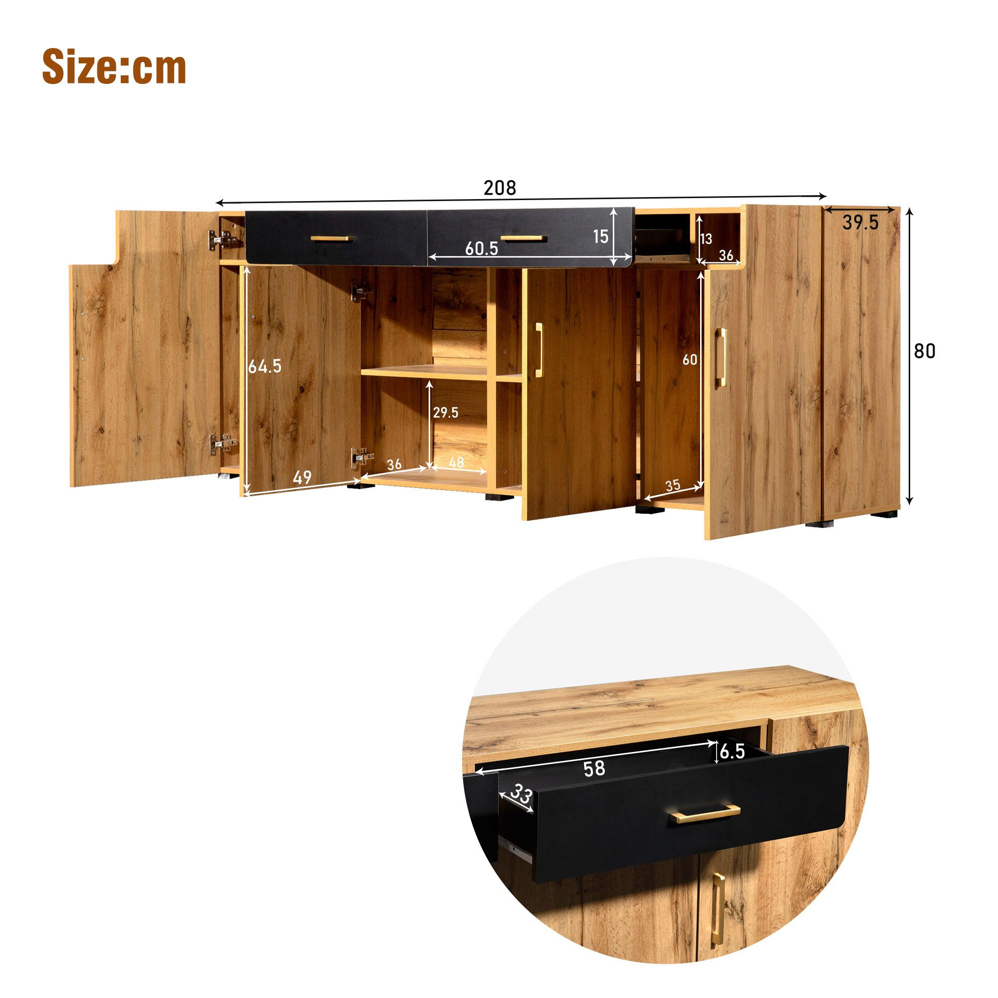 Holzschrank mit offenen Türen und Schubladen. Inklusive Maße. Detail einer Schublade unten rechts.