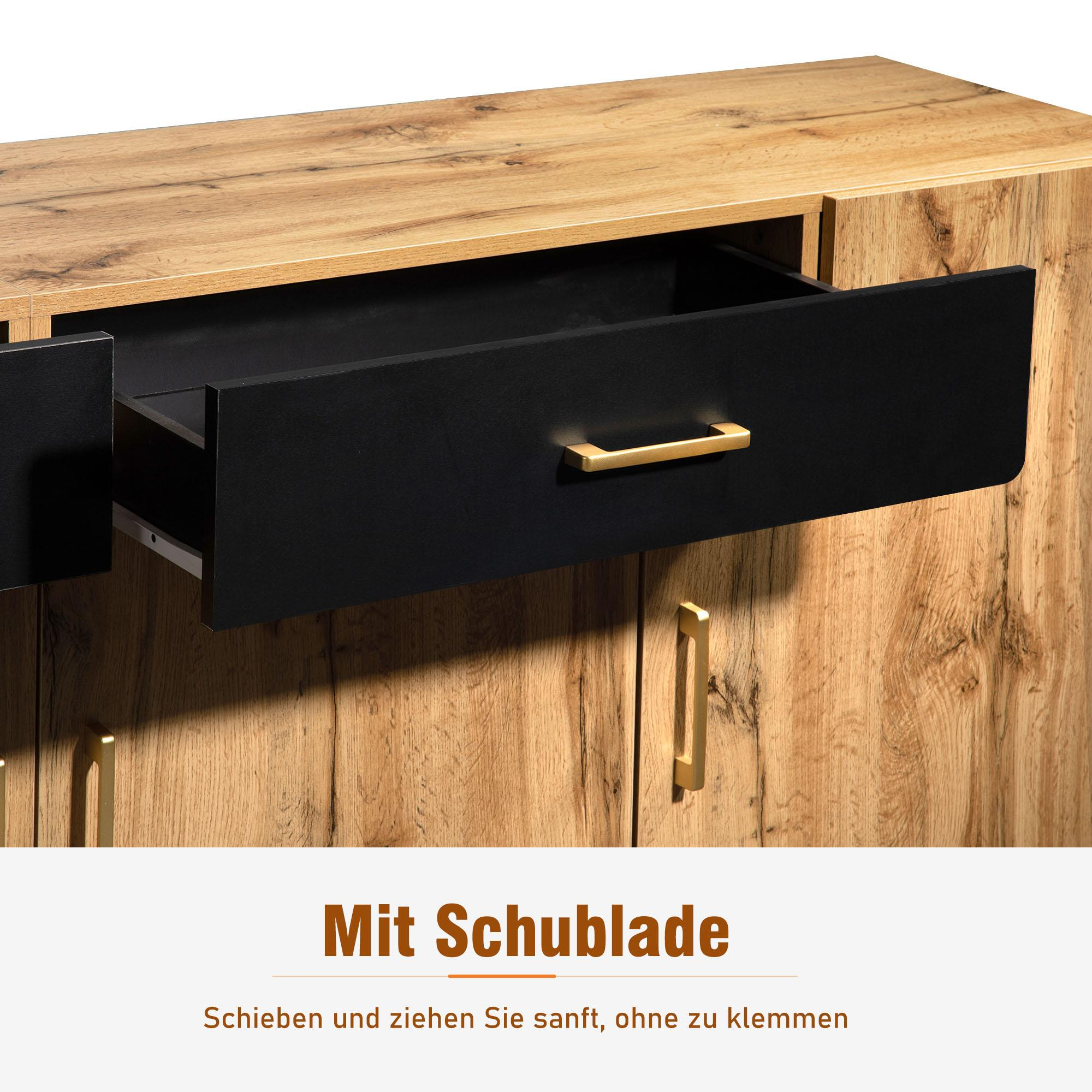 Holzschrank mit offener schwarzer Schublade mit goldenem Griff. Text: Mit Schublade, sanft schieben und ziehen.
