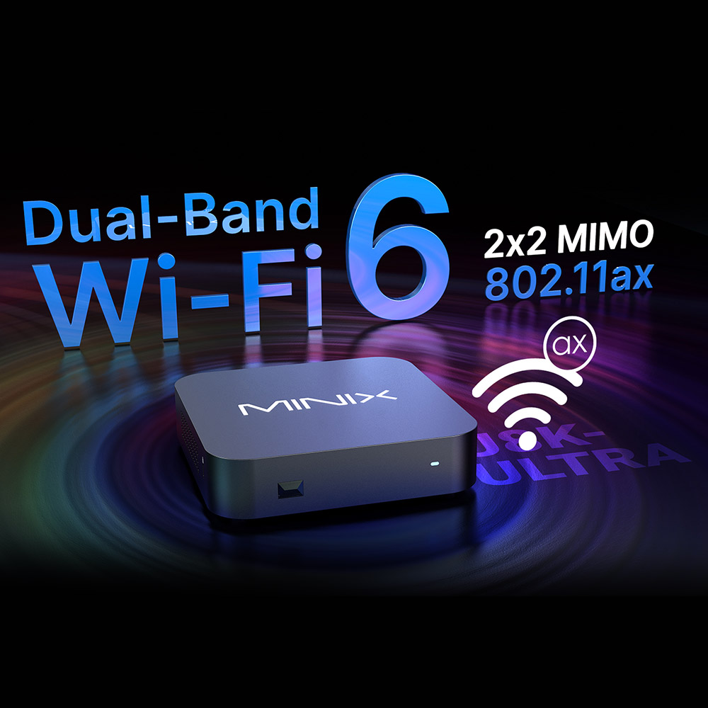 Schwarzes quadratisches Gerät mit MINIX-Logo, Wi-Fi 6 Text und Bildern. Blauer und violetter Hintergrund.