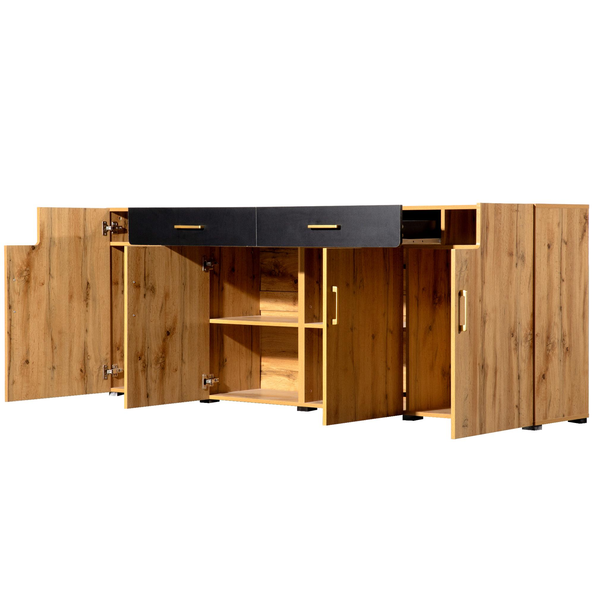 Holzschrank mit offenen Türen und Schubladen, zeigt Regale. Schubladen sind schwarz. Goldene Griffe an den Türen.