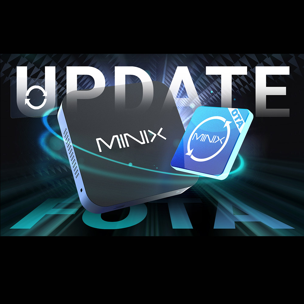 Schwarzes quadratisches Gerät mit MINIX-Logo und OTA-Update-Symbol. Dunkler Hintergrund mit verschwommenen Linien.