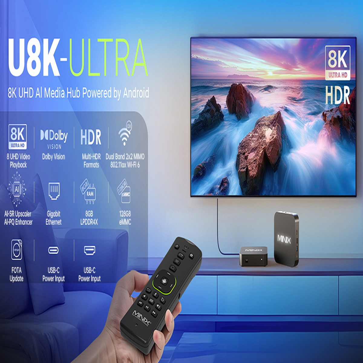 TV-Setup mit 8K Media Hub, Fernbedienung und Funktionsliste. Zeigt eine Strandszene und HDR.