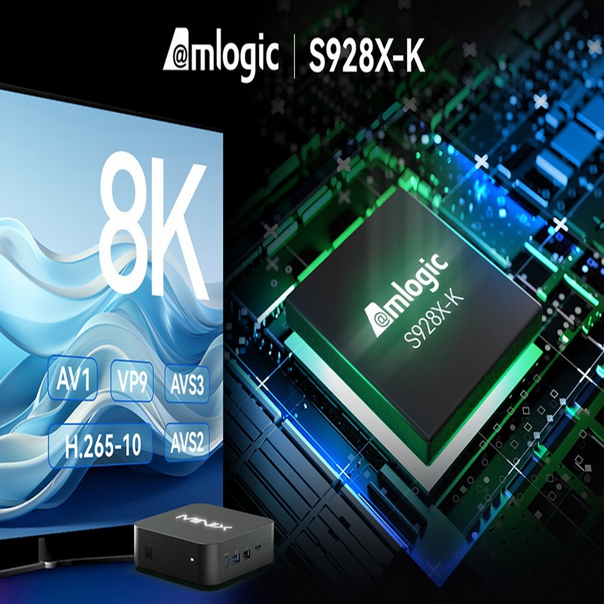 Nahaufnahme eines Chips, 8K-Text und eines Mediaplayers. Zeigt AV1, VP9 und andere Videoformate.