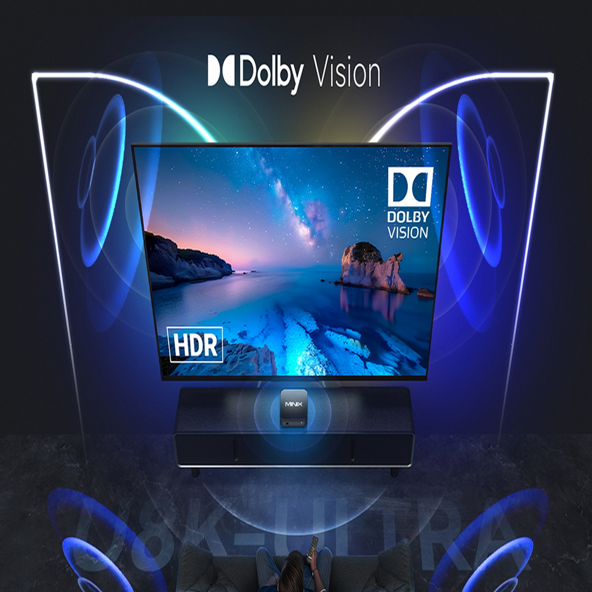 Fernseher mit Dolby Vision, HDR und Schallwelleneffekt. Zeigt eine Landschaftsszene.