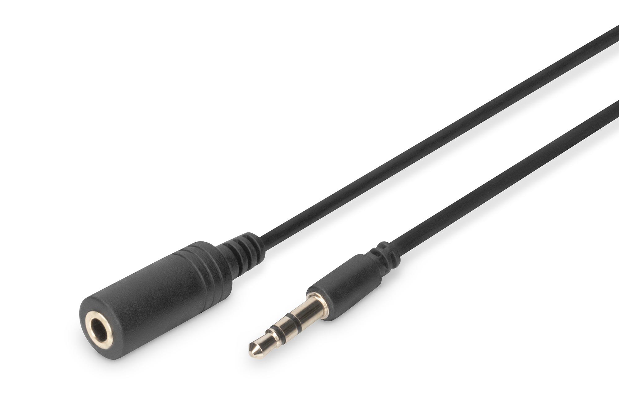 Cavo di prolunga audio nero con jack da 3,5 mm e presa femmina, su sfondo bianco.