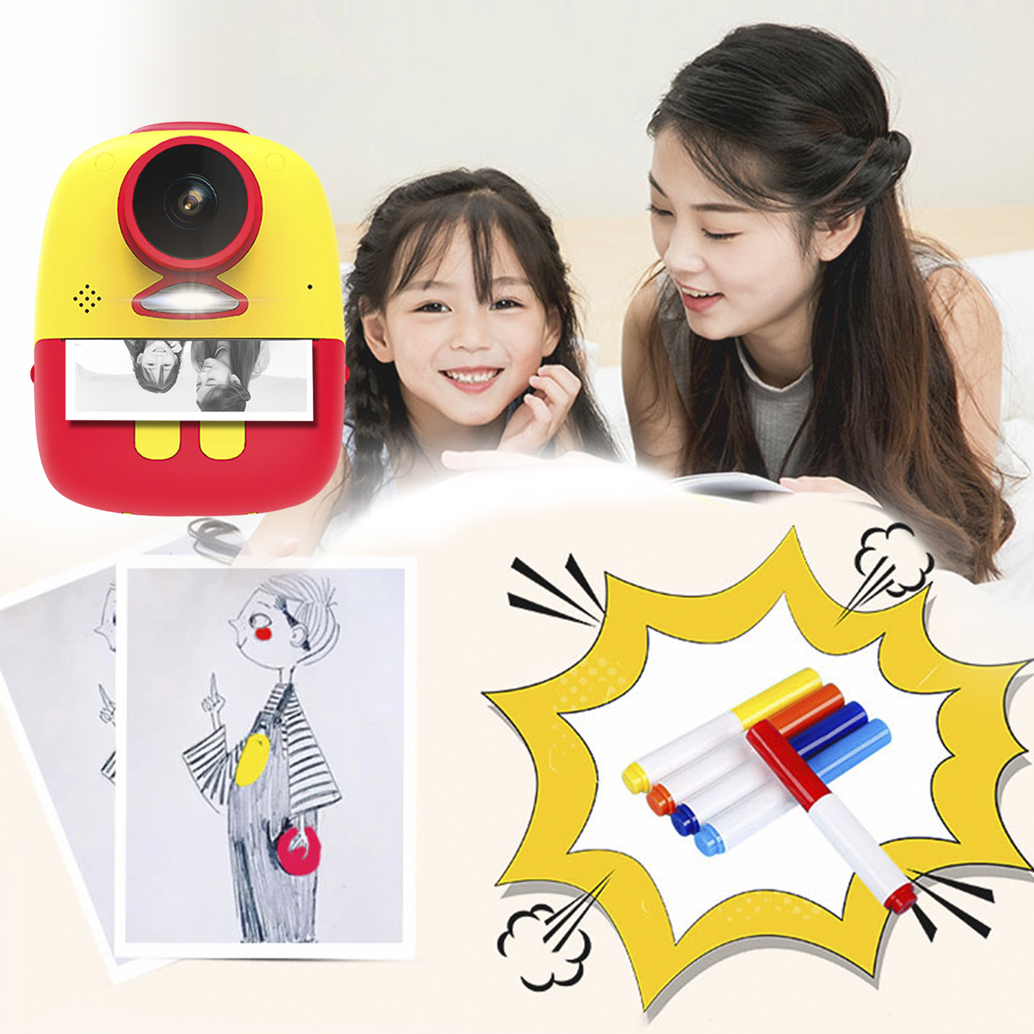 Una niña y una mujer mirando fotos. Hay un dibujo de un niño y rotuladores de colores.