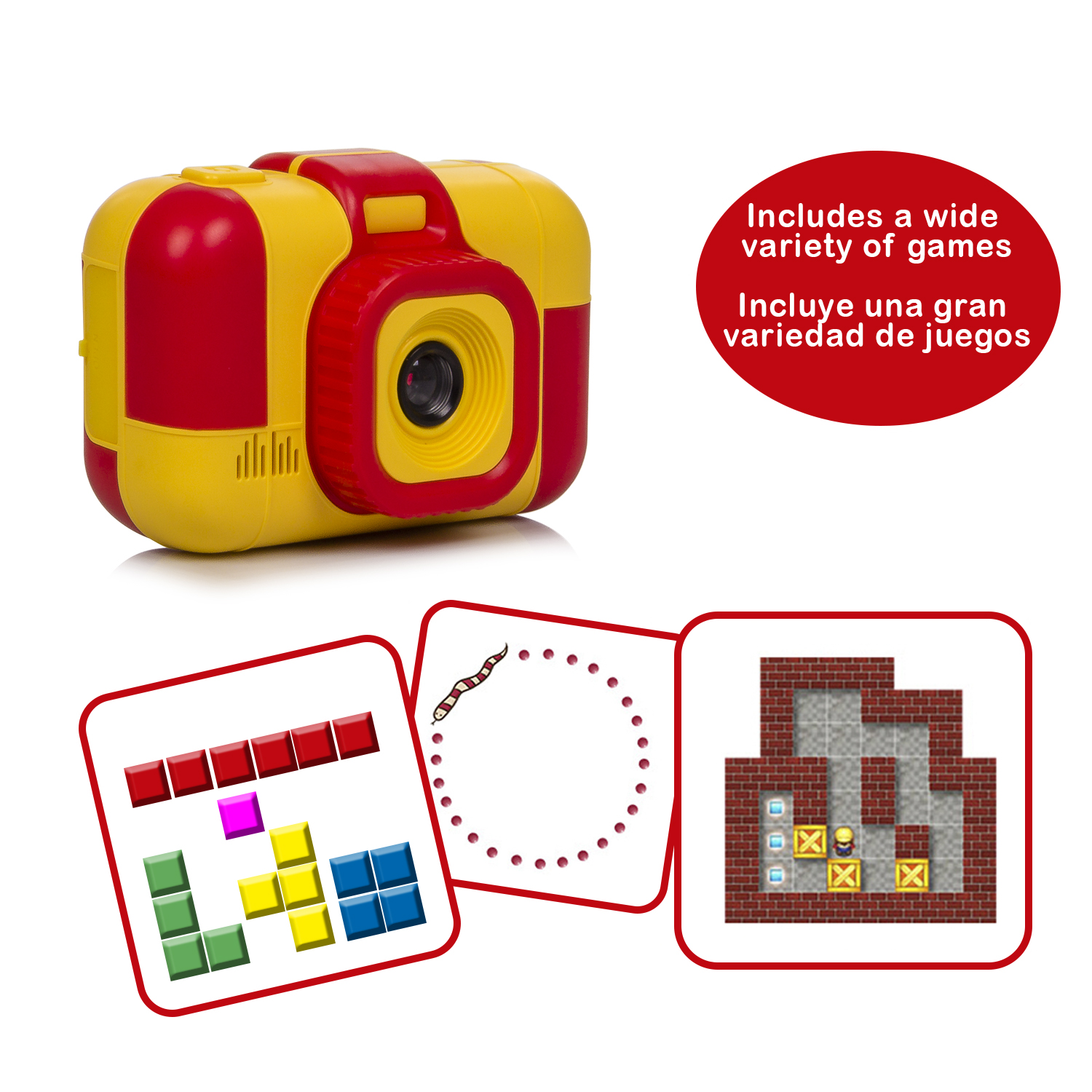 Una cámara de juguete amarilla y roja con tarjetas de juego. Incluye una variedad de juegos.