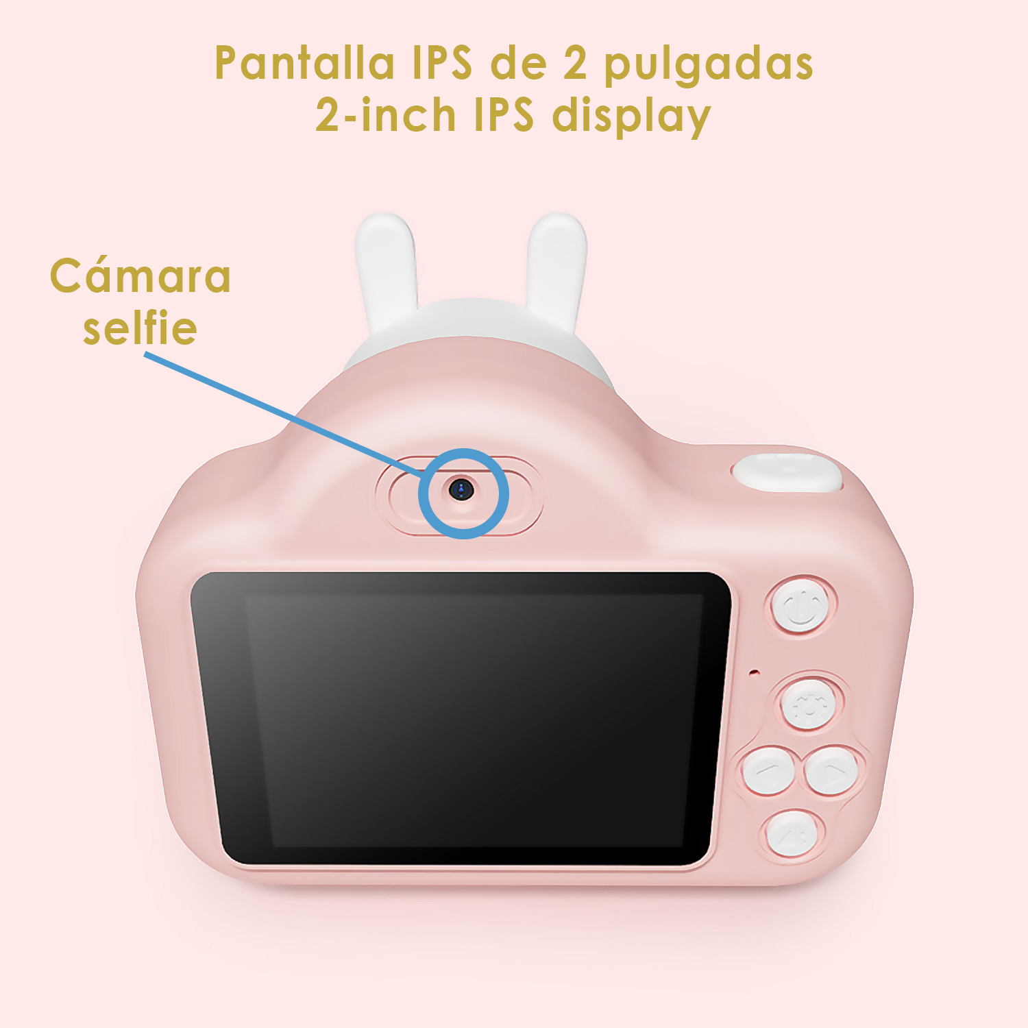 Rosa Spielzeugkamera mit weißen Hasenohren, Selfie-Kamera und 2-Zoll-IPS-Display.