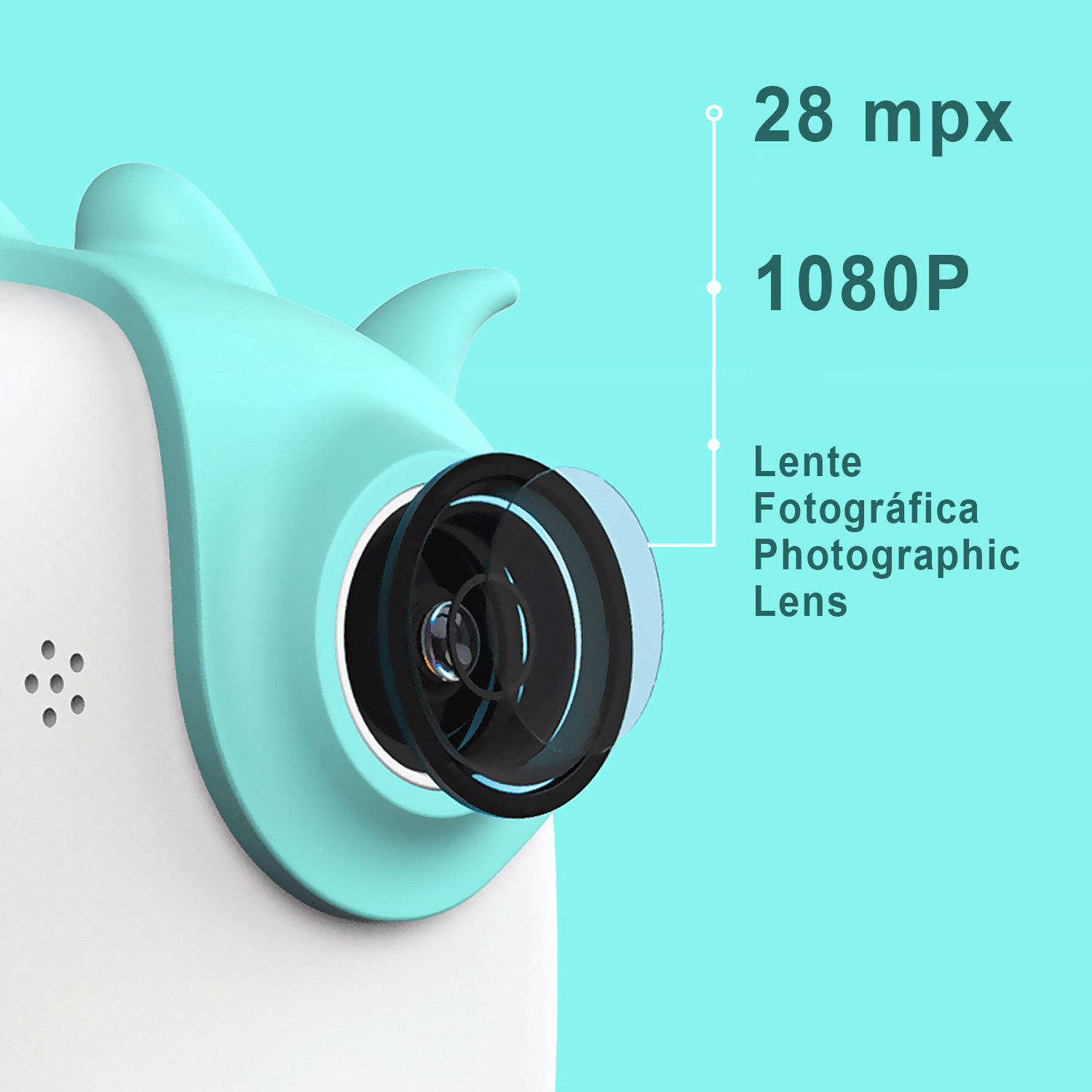 Primer plano de la lente y las características de una cámara de juguete. Detalles incluyen 28 mpx y resolución 1080P.