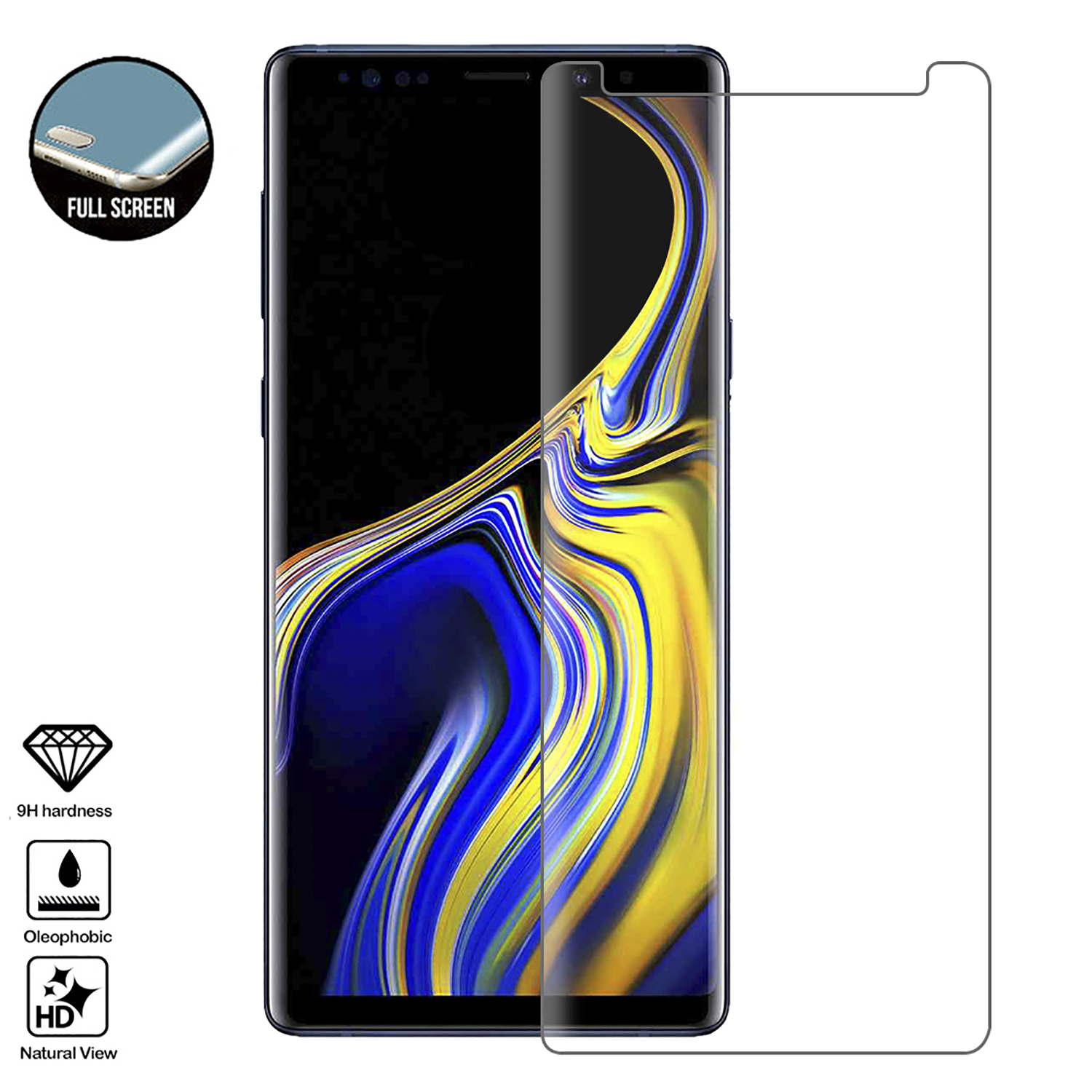 Telefono con protezione schermo. Sovrapposizioni di testo: durezza 9H, oleofobico, HD, vista naturale.
