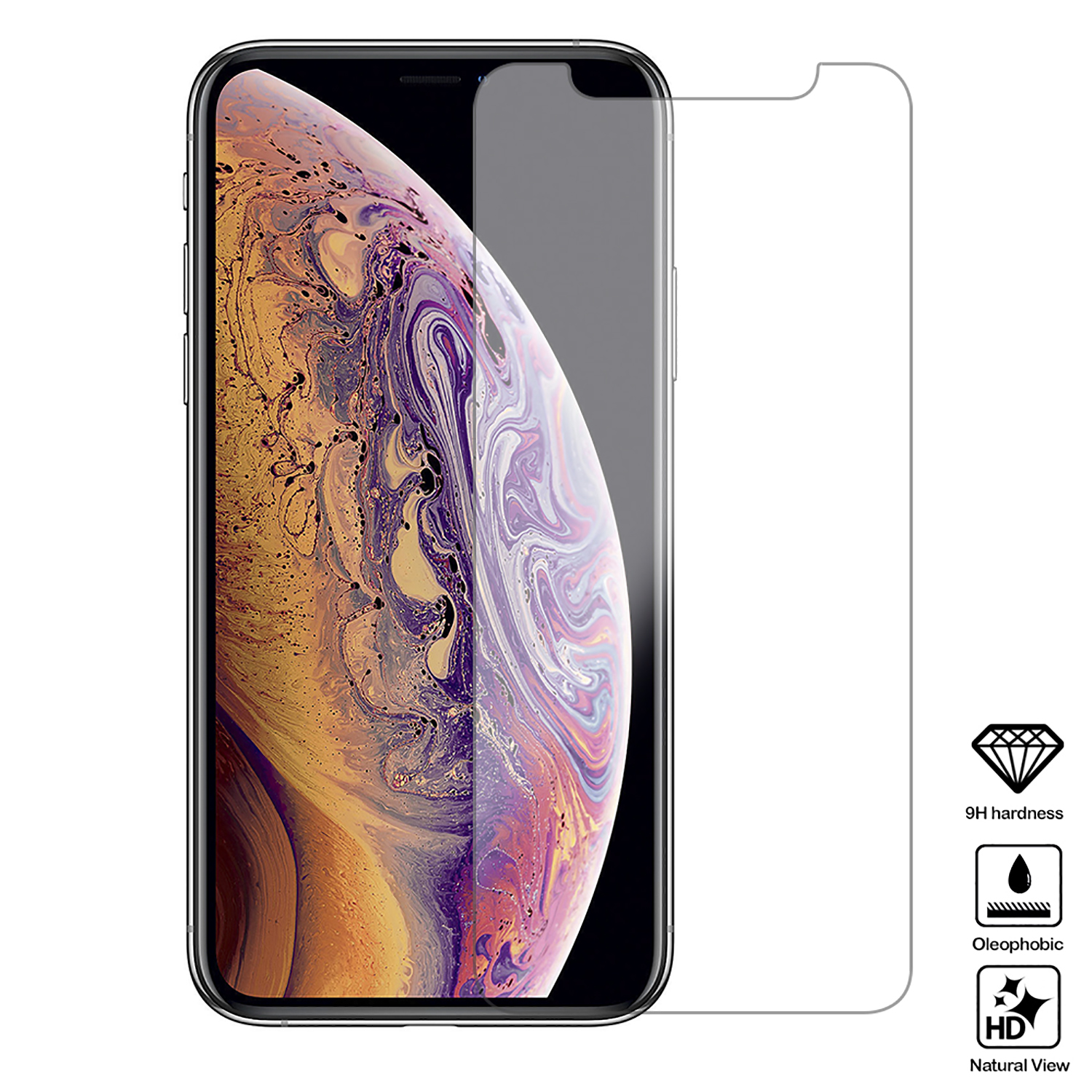 Un telefono con protezione schermo. Caratteristiche: durezza 9H, oleorepellente e vista naturale HD.