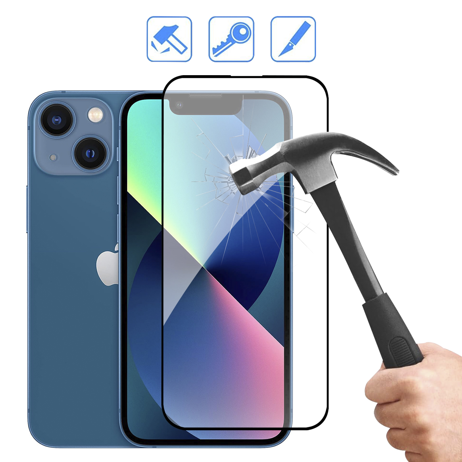 Telefono blu con protezione schermo rotta colpita da un martello.