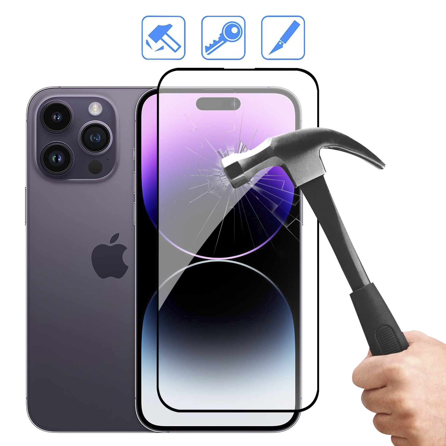 Telefono viola con protezione schermo rotta, colpito da un martello. Logo Apple visibile.