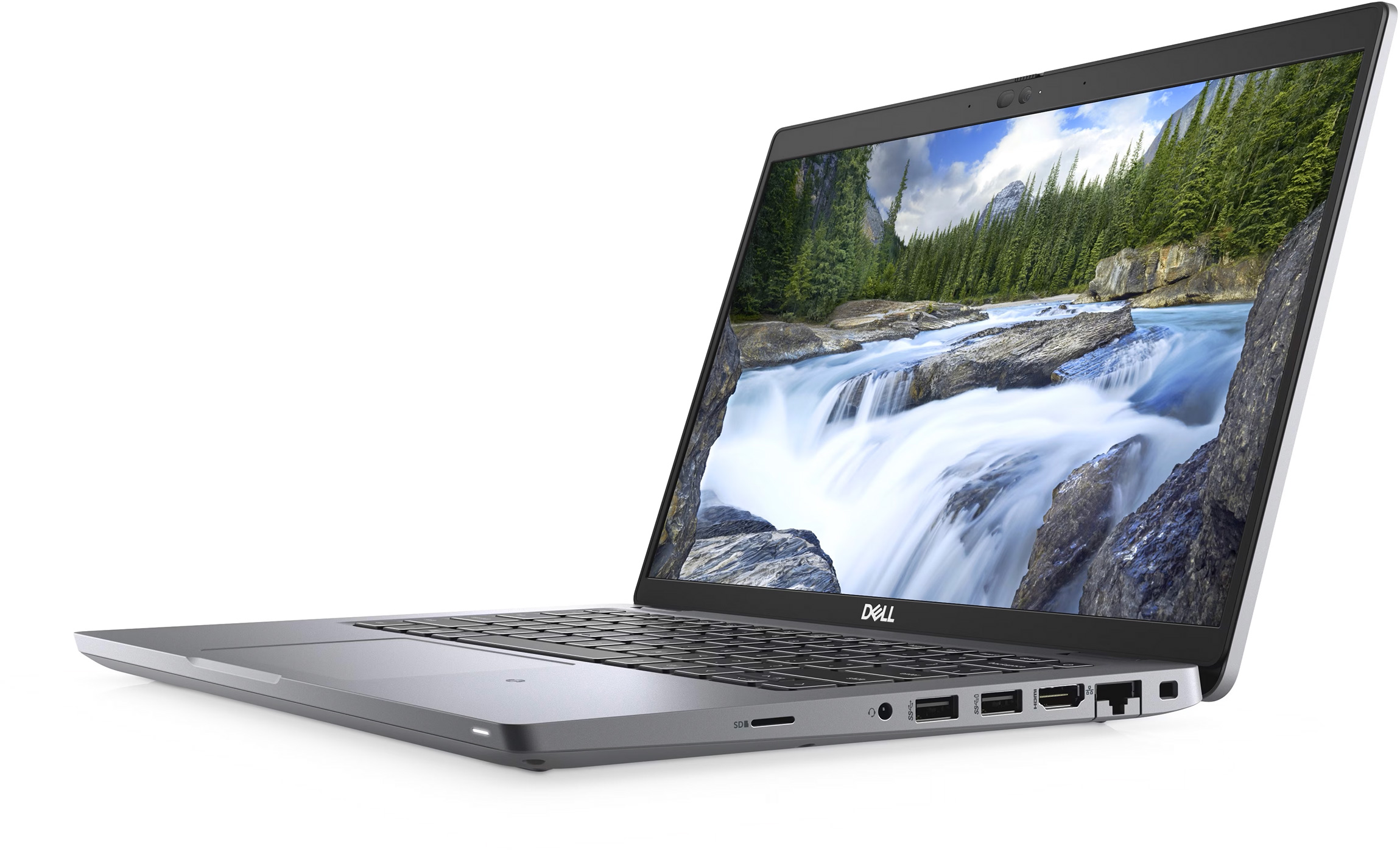 Laptop with a screen showing a waterfall in a forest. Dell logo visible.