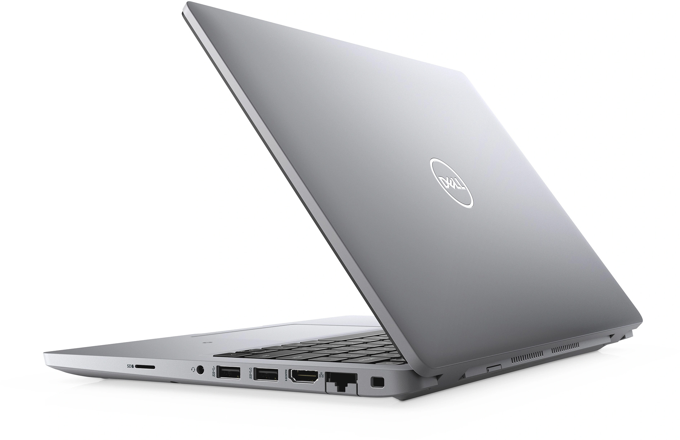 Laptop, backside view, Dell logo visible, multiple ports visible.