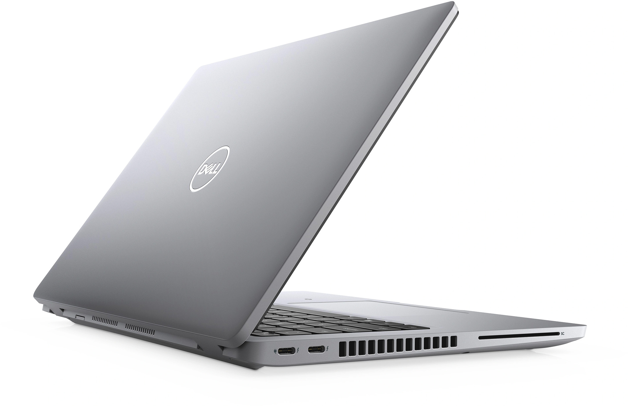 Laptop, backside view, Dell logo visible, multiple ports visible.