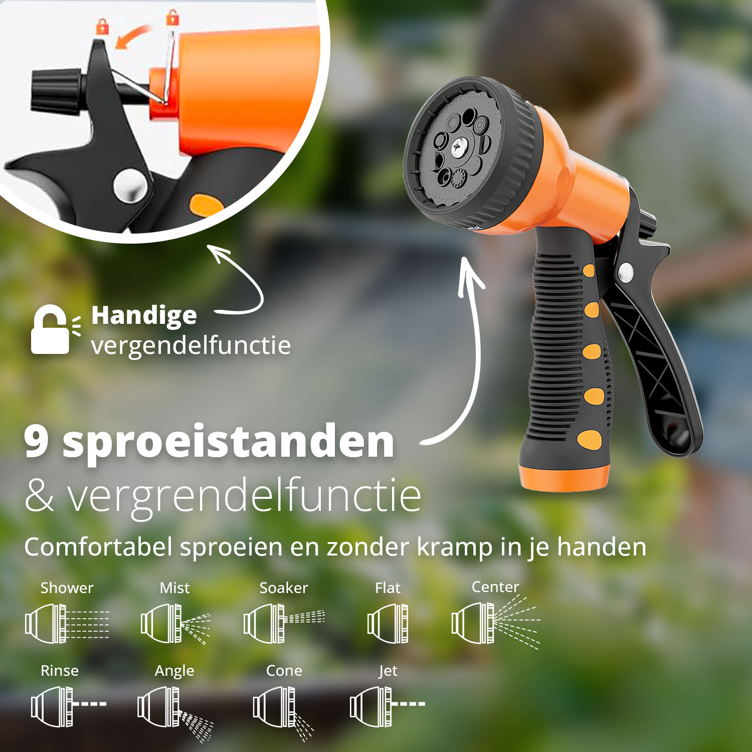 Eine orange-schwarze Wasserpistole mit verschiedenen Sprüheinstellungen und einem Verriegelungsmechanismus.