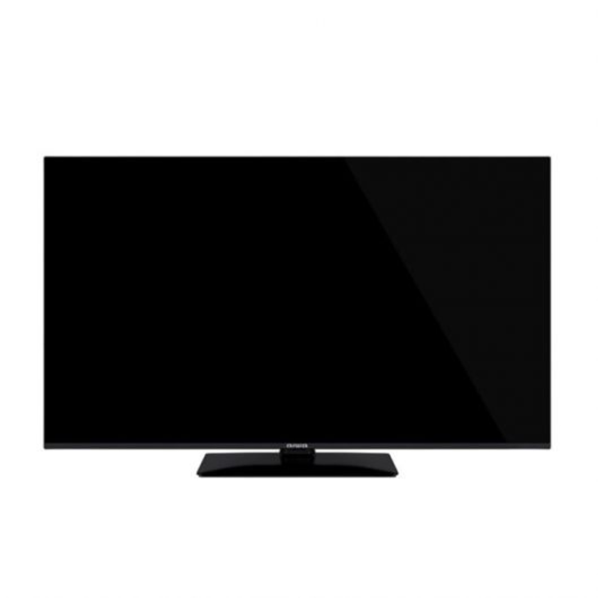 Un televisor negro con un pequeño soporte negro. La pantalla está apagada y el marco es negro.