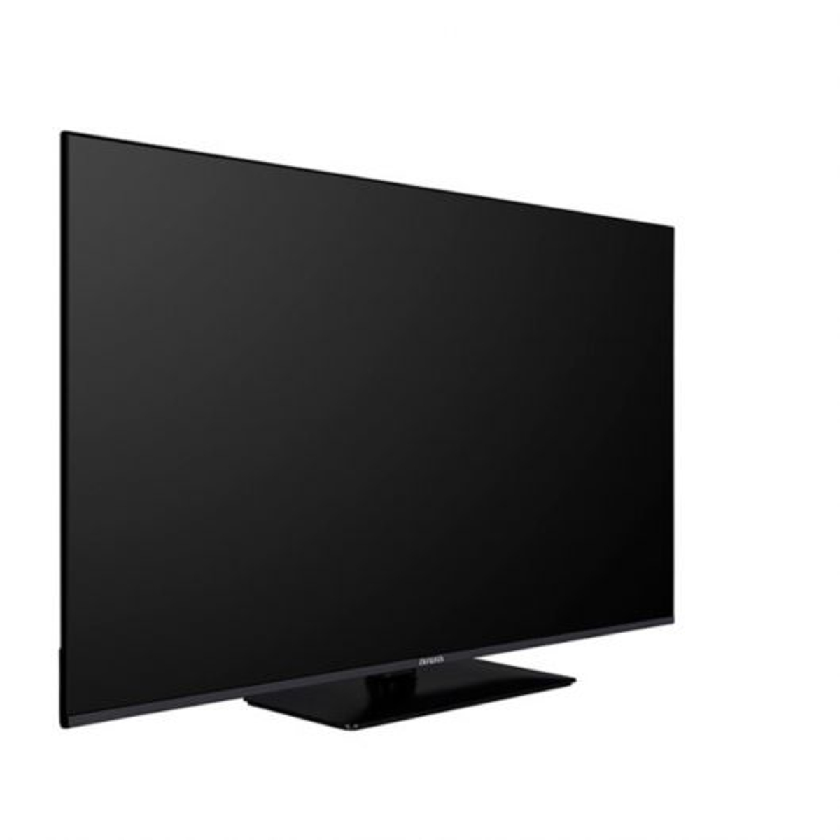 Televisor de pantalla plana negro sobre blanco.