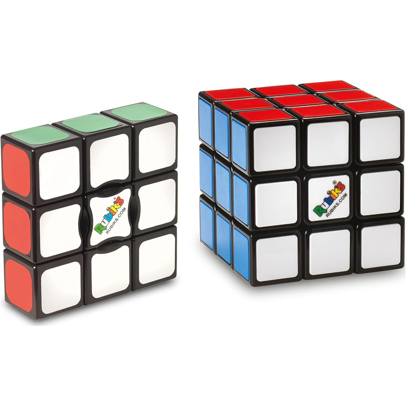 Zwei Rubik's Cubes: einer mit grünen und roten, der andere mit blauen und roten Seiten nach oben.