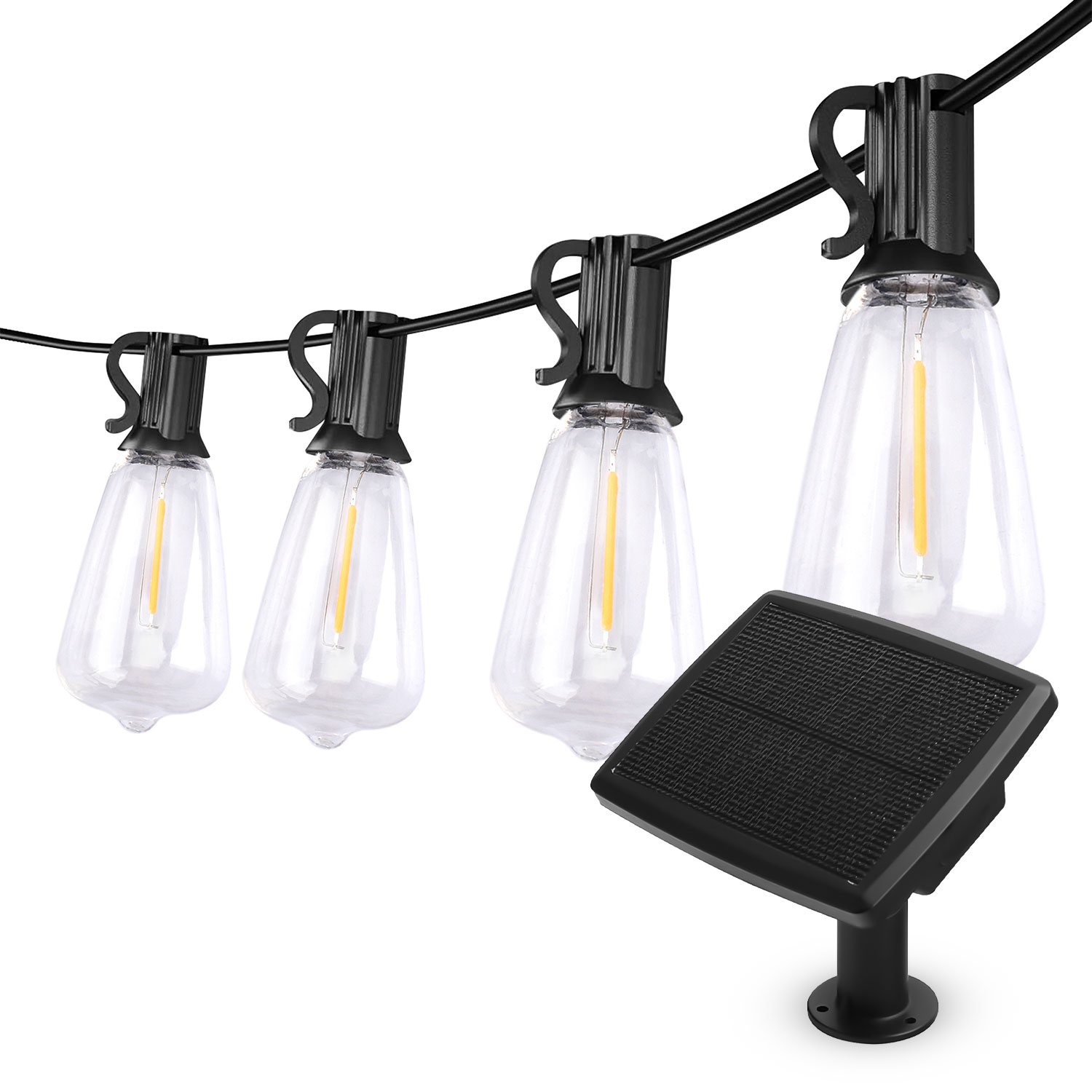 Snoerlampen op zonne-energie met vier heldere lampvormige lampen.