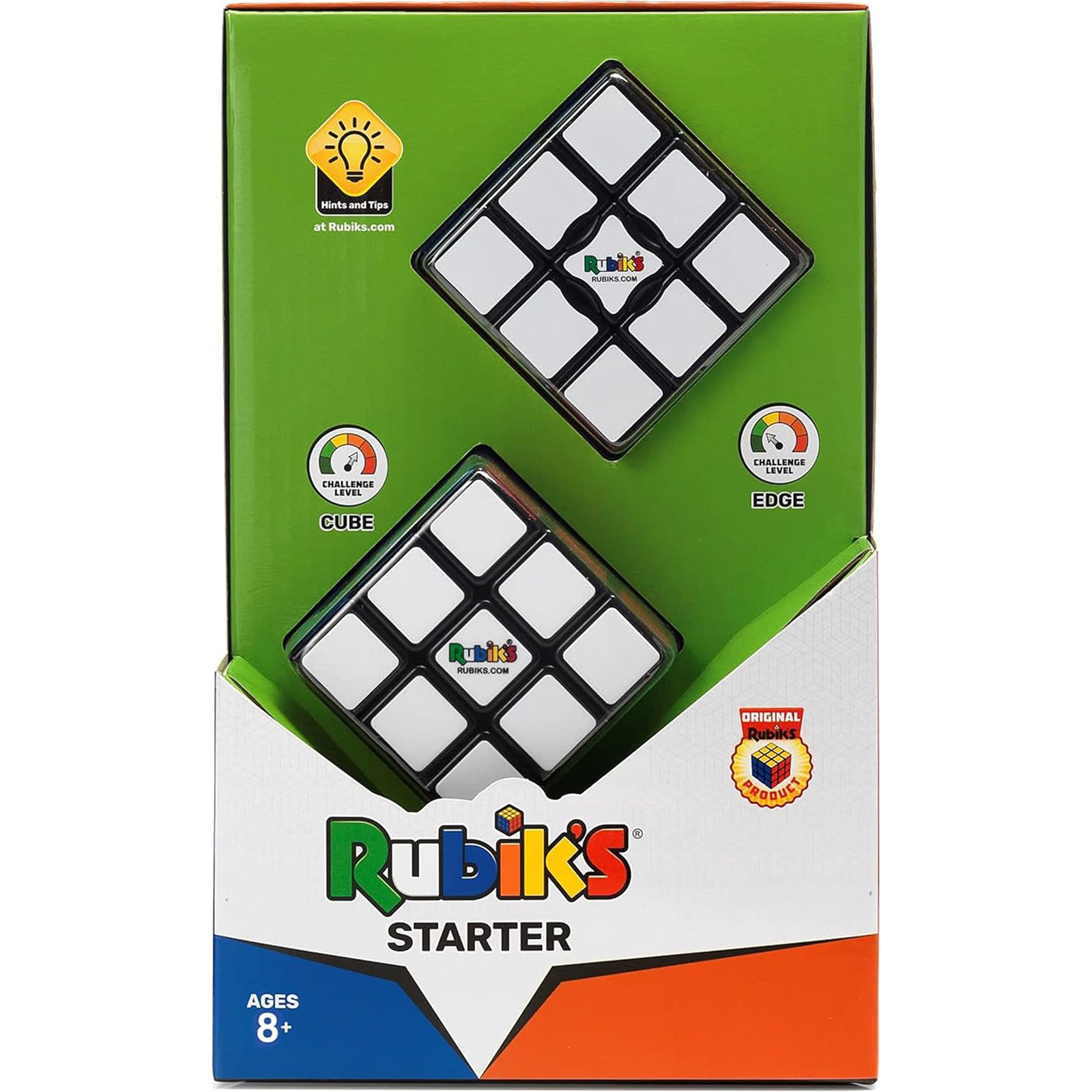 Rubik's Cube Starter-Set, enthält zwei Rubik's Cubes in einer Displaybox mit Anweisungen.