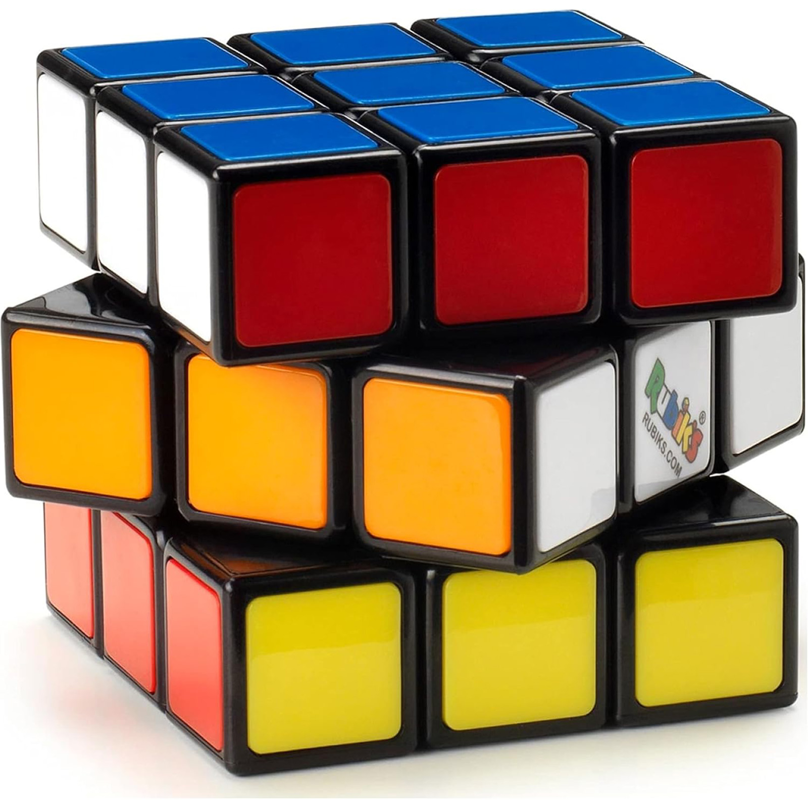 Ein Rubik's Cube mit gemischten Farben. Der Würfel ist angewinkelt und zeigt mehrere Seiten mit verschiedenen Farben.
