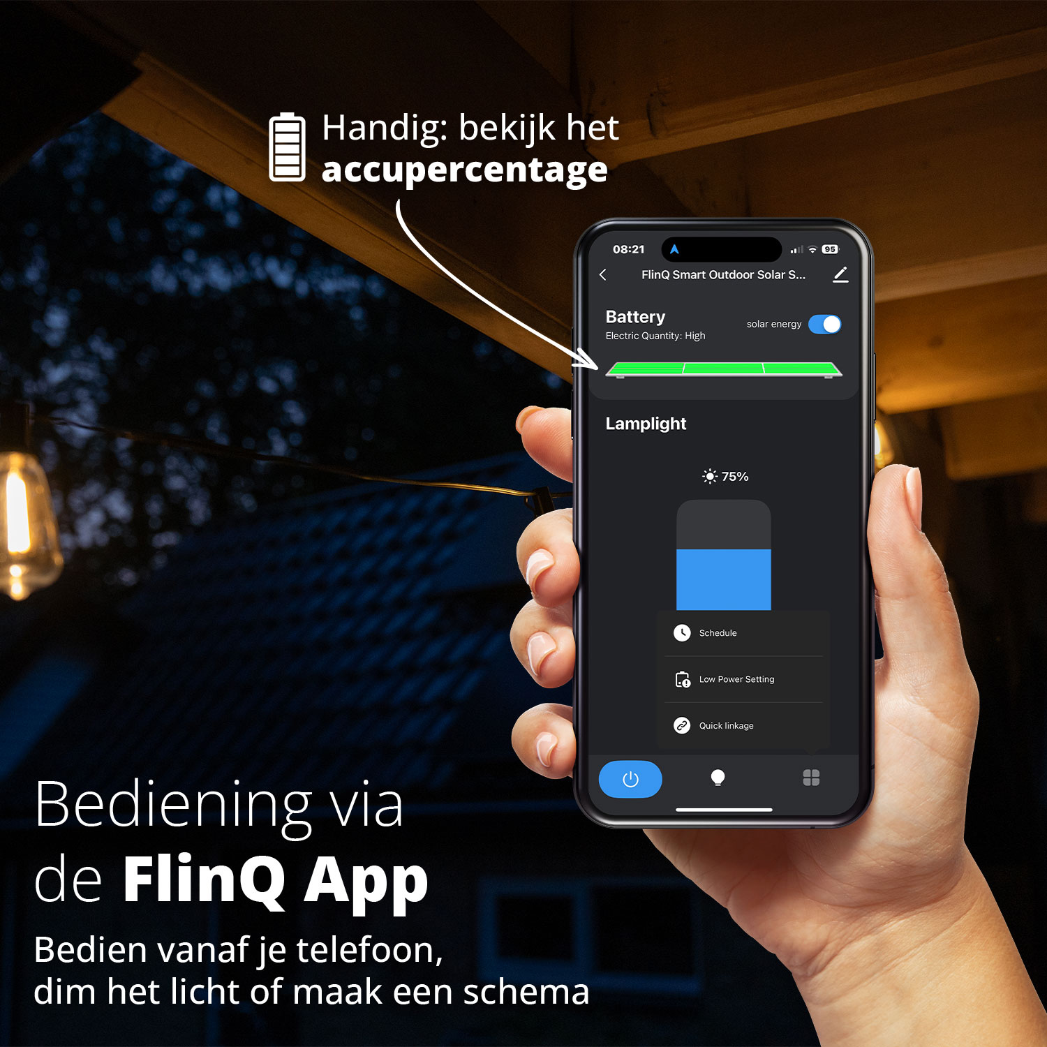 Telefoonscherm dat een slimme buitenverlichting-app weergeeft.