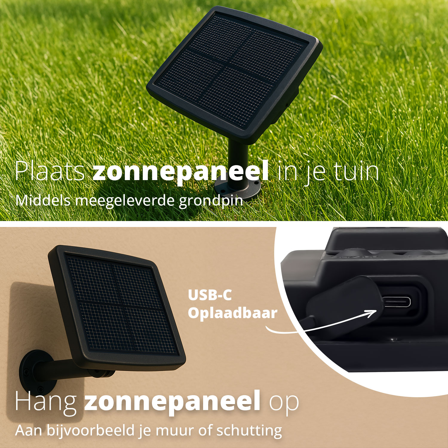 Een zonnepaneel op een standaard in gras en een zonnepaneel aan een muur bevestigd.