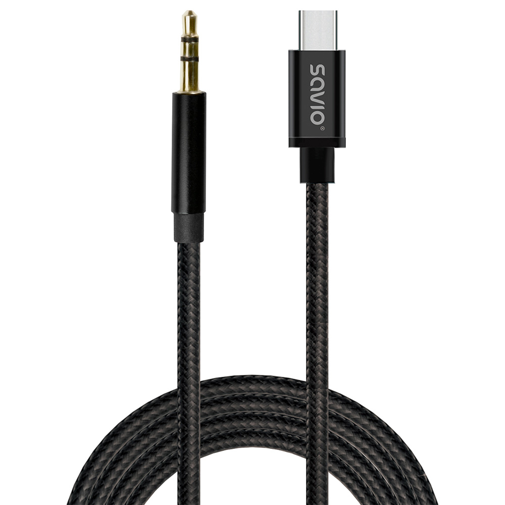 Czarny kabel audio USB-C do 3,5 mm. Posiada złącze USB-C i gniazdo 3,5 mm.