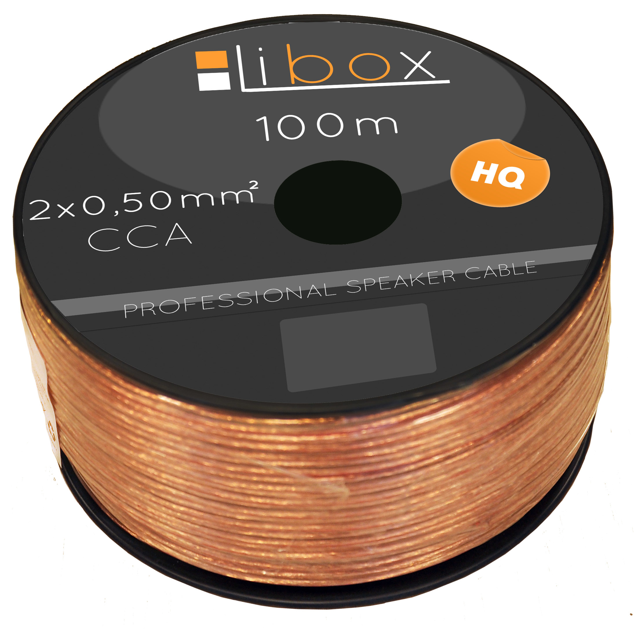 Szpula miedzianego kabla głośnikowego z czarną etykietą z napisem 'libox'.