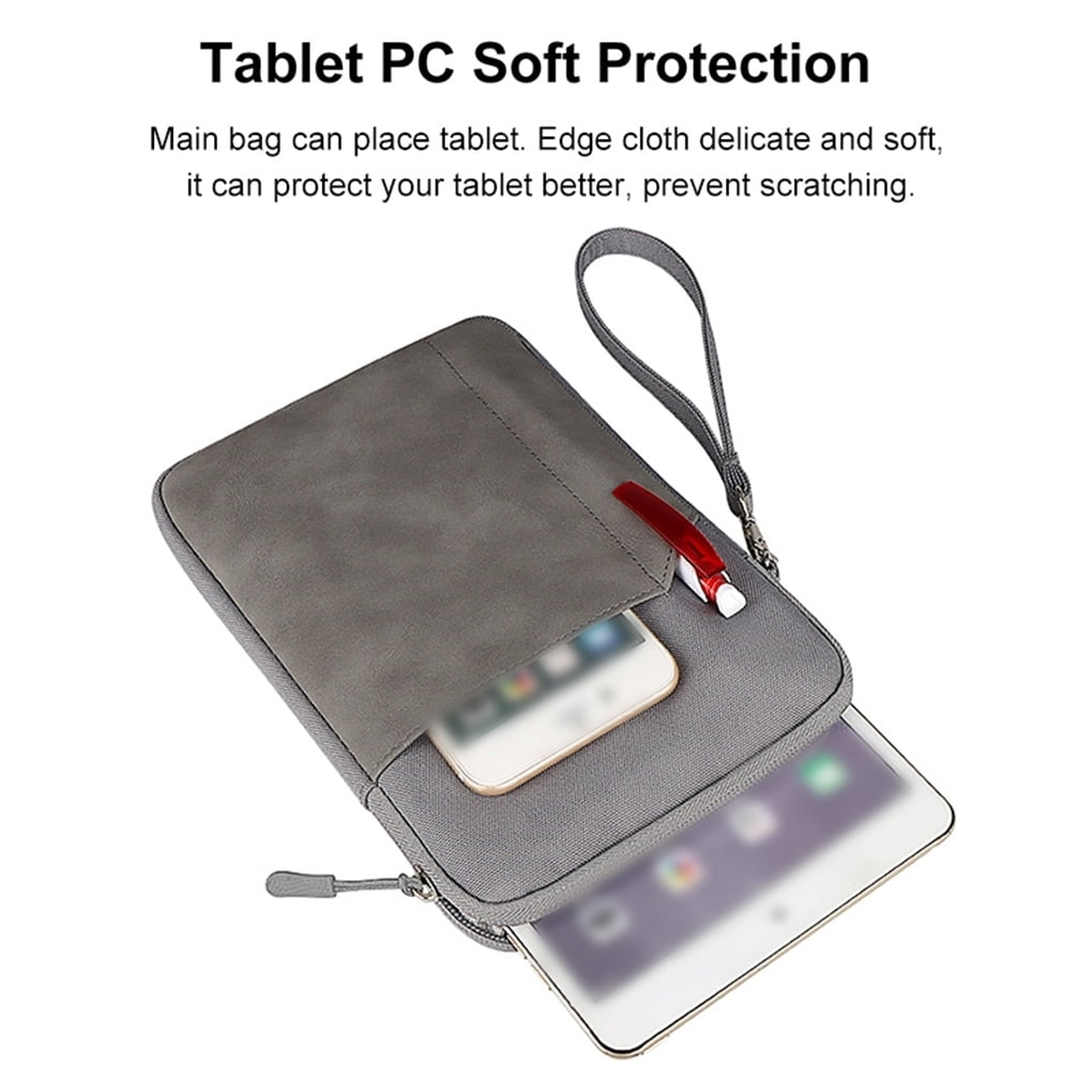 Eine graue Tablethülle mit Tablet und Telefon, mit Handschlaufe und Reißverschluss.