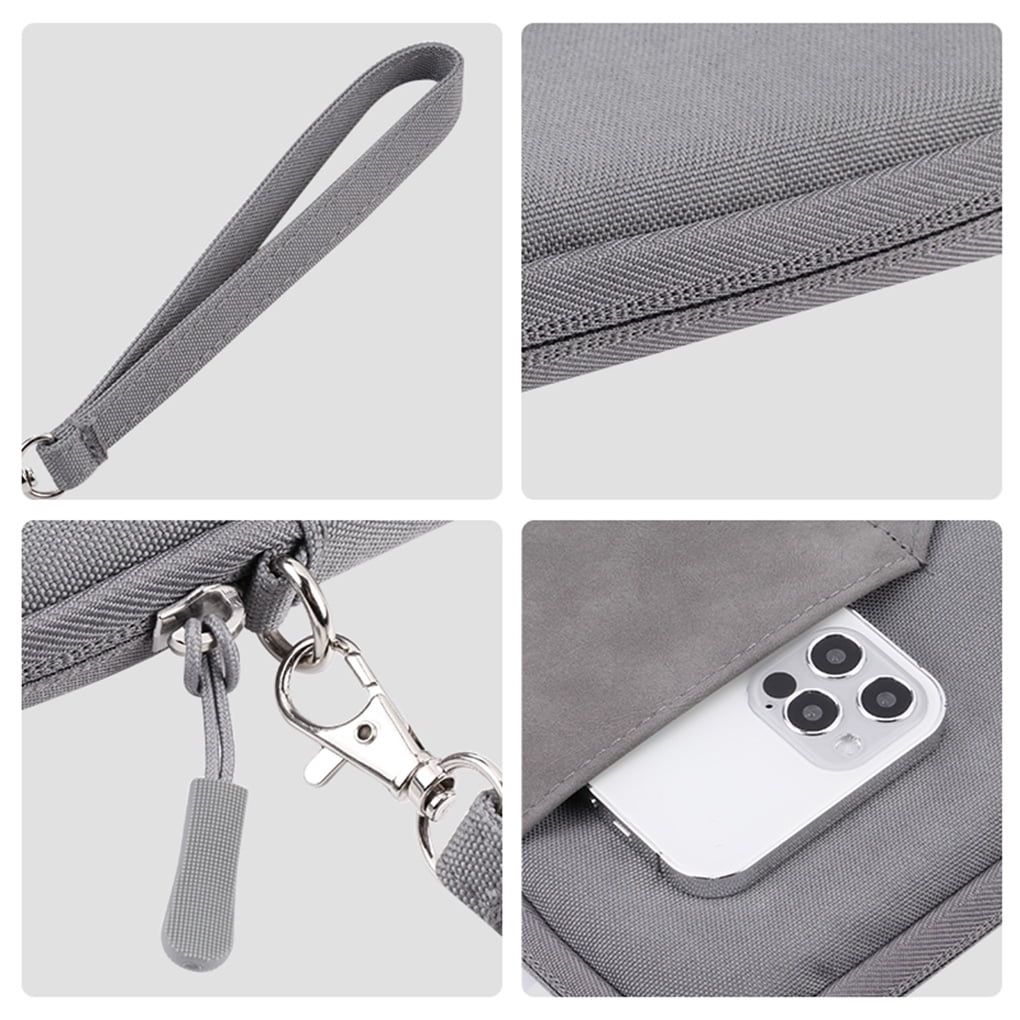 Nahaufnahmen einer grauen Tablettasche: Reißverschluss, Handschlaufe und Telefon in der Tasche.