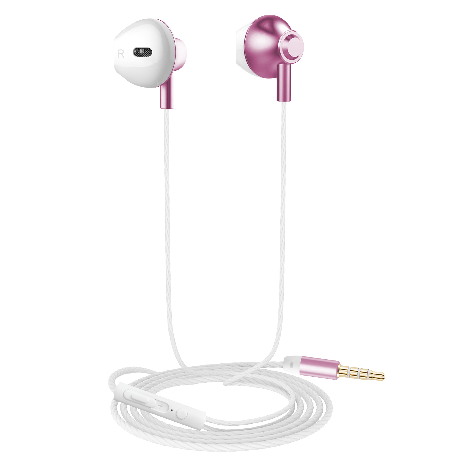 Auricolari rosa e bianchi con cavo bianco, pulsante di controllo e jack dorato.