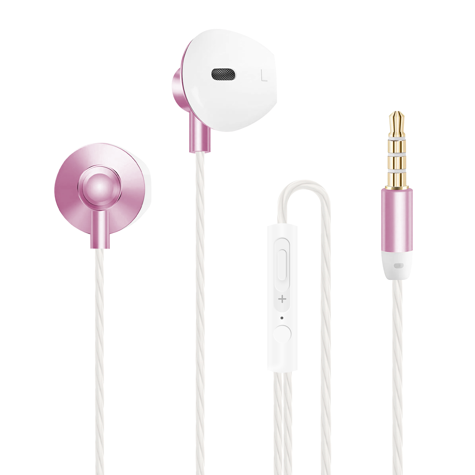 Auricolari rosa e bianchi con cavo bianco e pulsante di controllo. La spina è dorata.