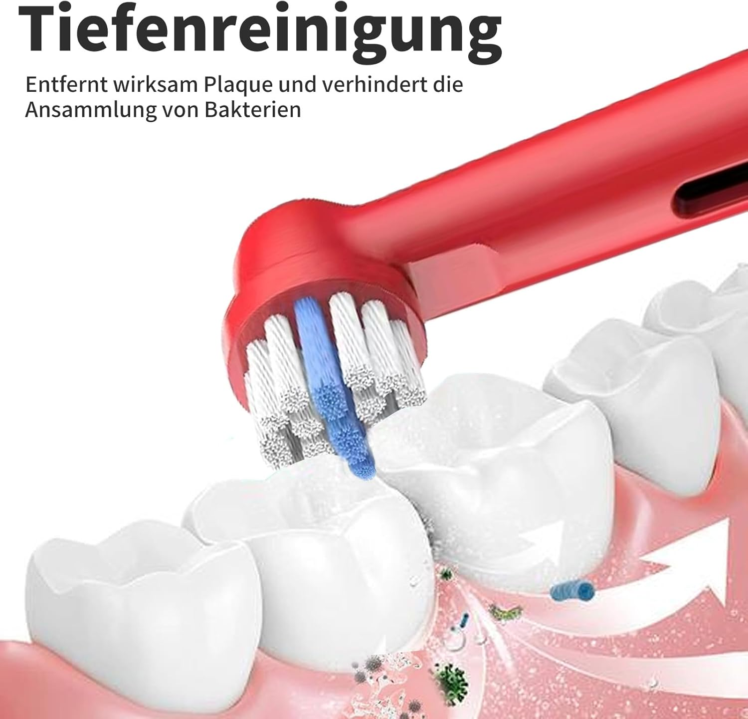 Nahaufnahme eines roten elektrischen Zahnbürstenkopfs, der Zähne mit blauen Borsten reinigt.