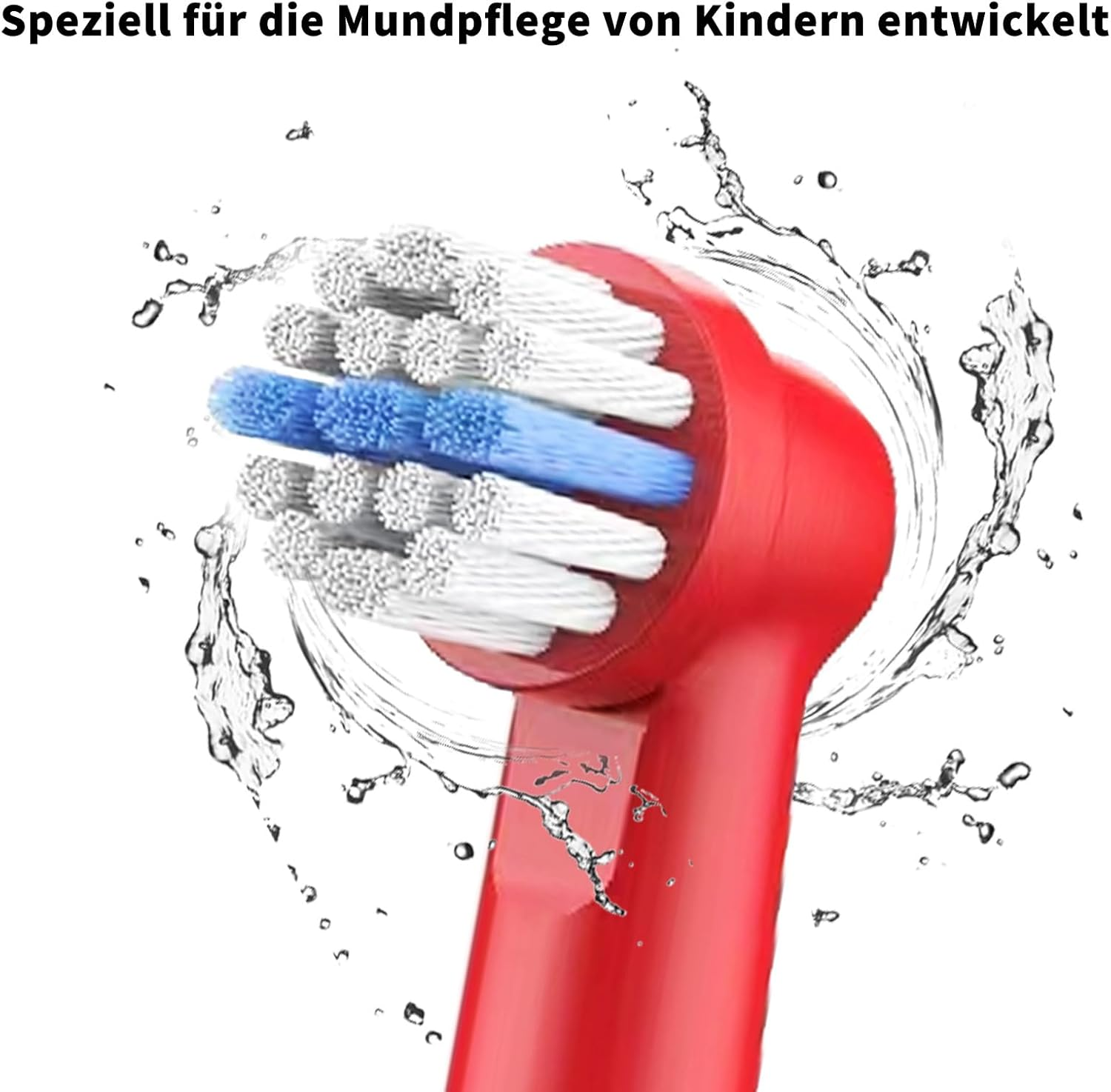 Roter Zahnbürstenkopf mit blauen Borsten, Wasserspritzer, weißer Hintergrund.
