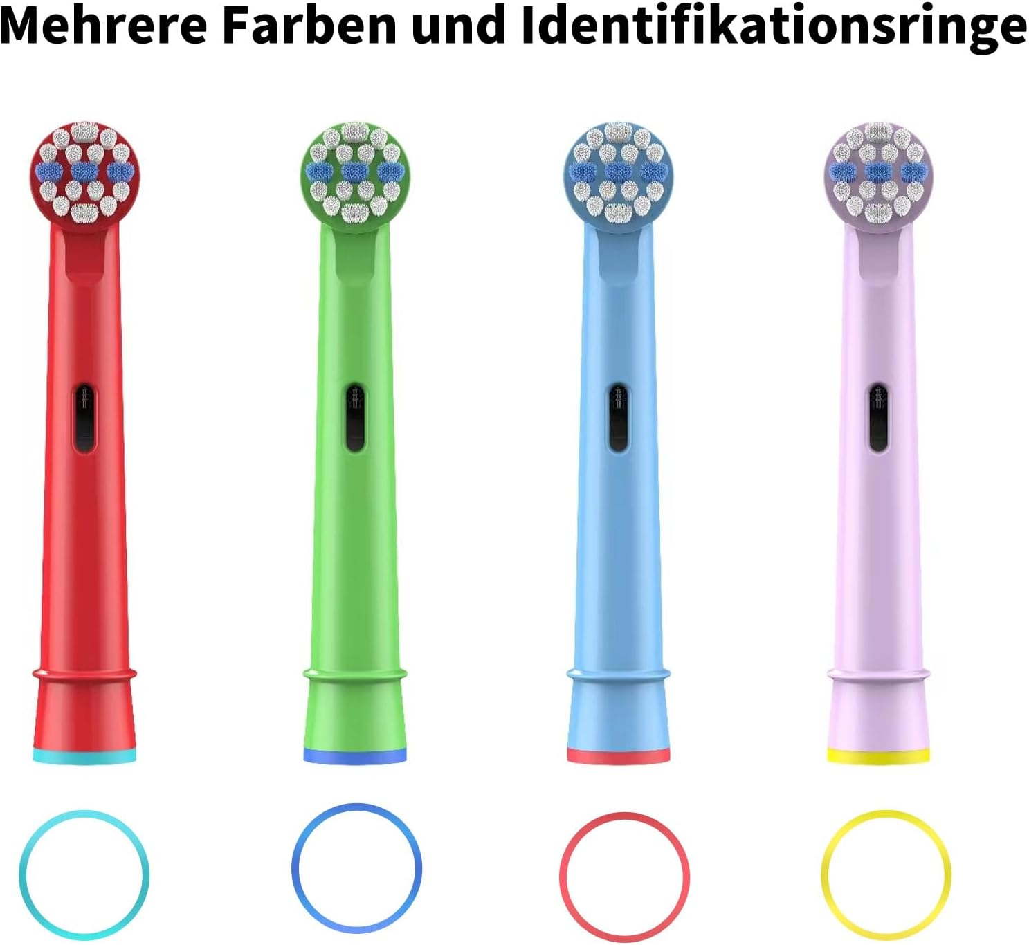 Vier Zahnbürstenköpfe in verschiedenen Farben mit farbigen Ringen, weiße Borsten.