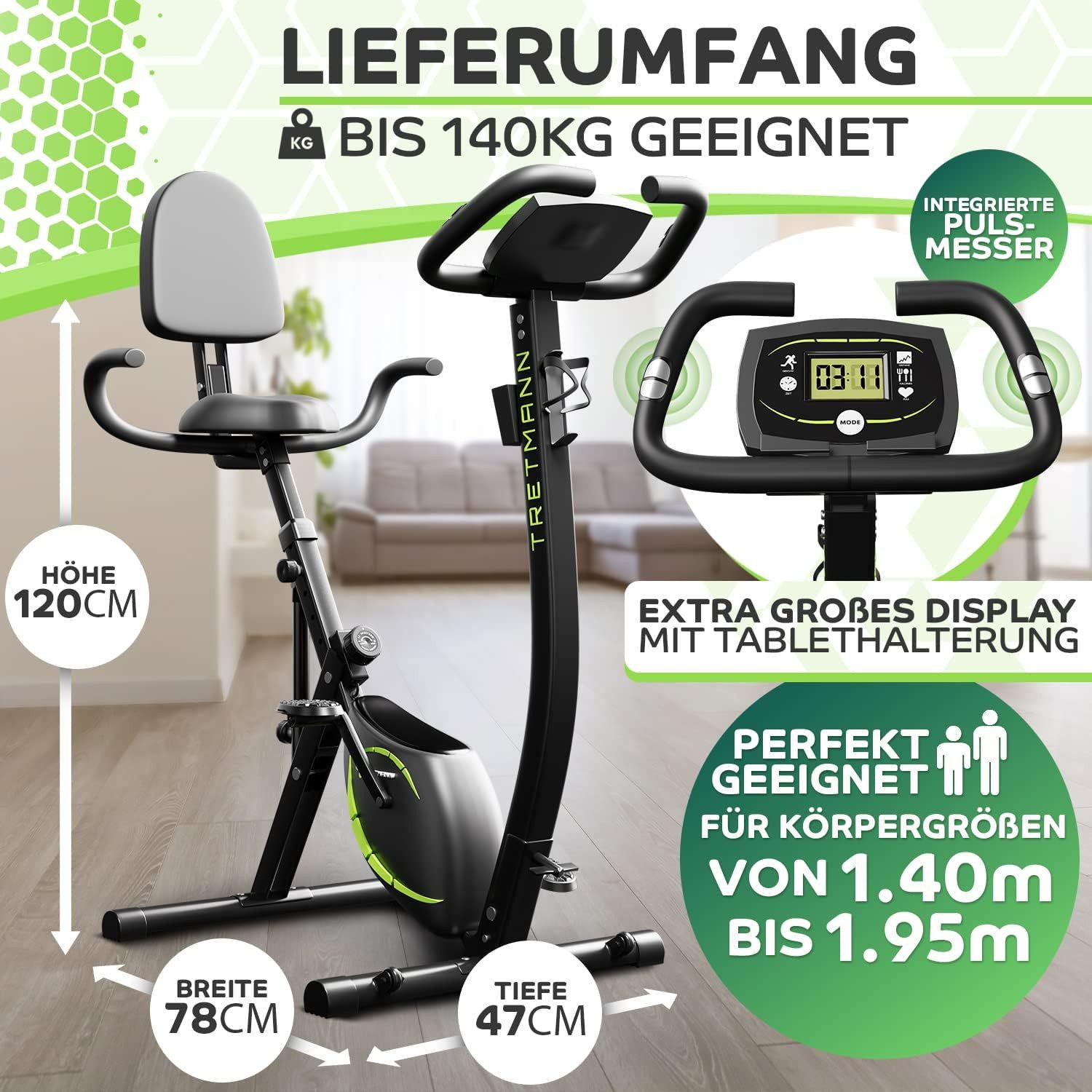 Vélo d'exercice fixe avec mesures et écran sur fond blanc.