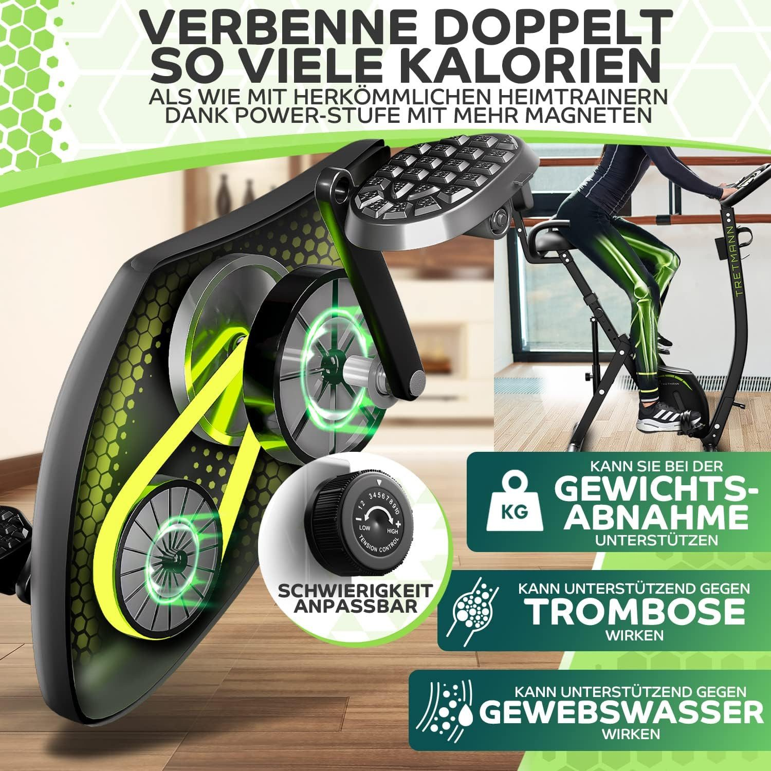 Vélo stationnaire avec une personne ajustant la résistance et différents bienfaits pour la santé.