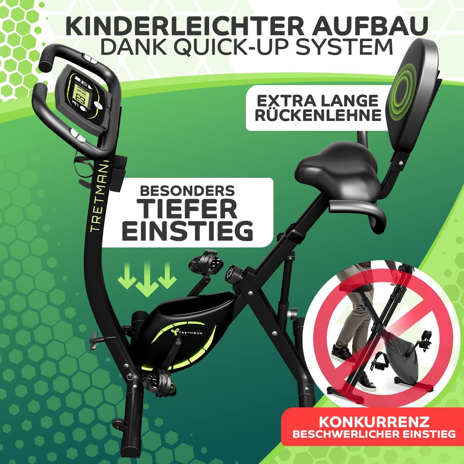 Un vélo d'exercice avec des étiquettes de texte et des illustrations, annonçant ses caractéristiques.