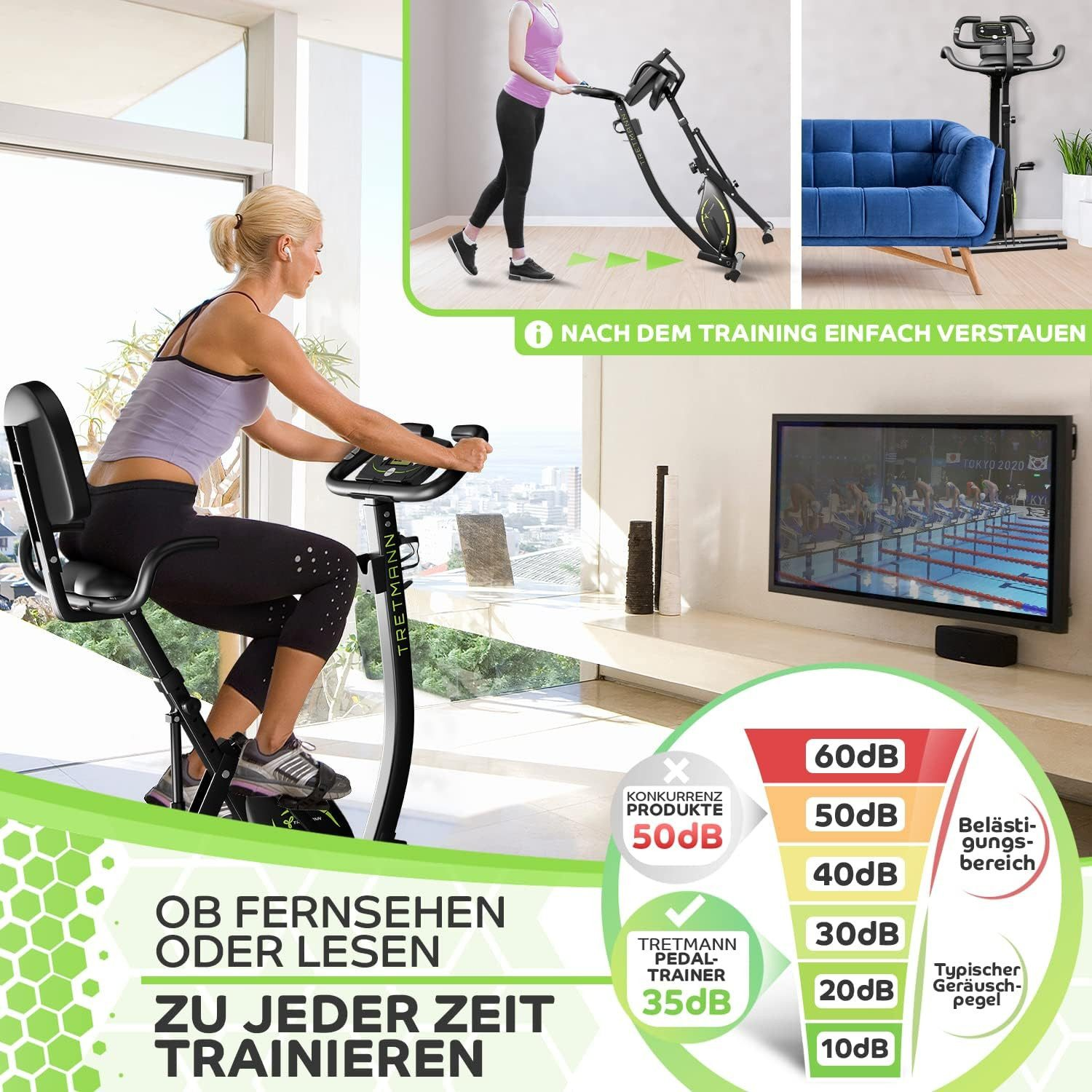 Une femme utilisant un vélo stationnaire tout en regardant la télévision, avec des comparaisons de niveau sonore.