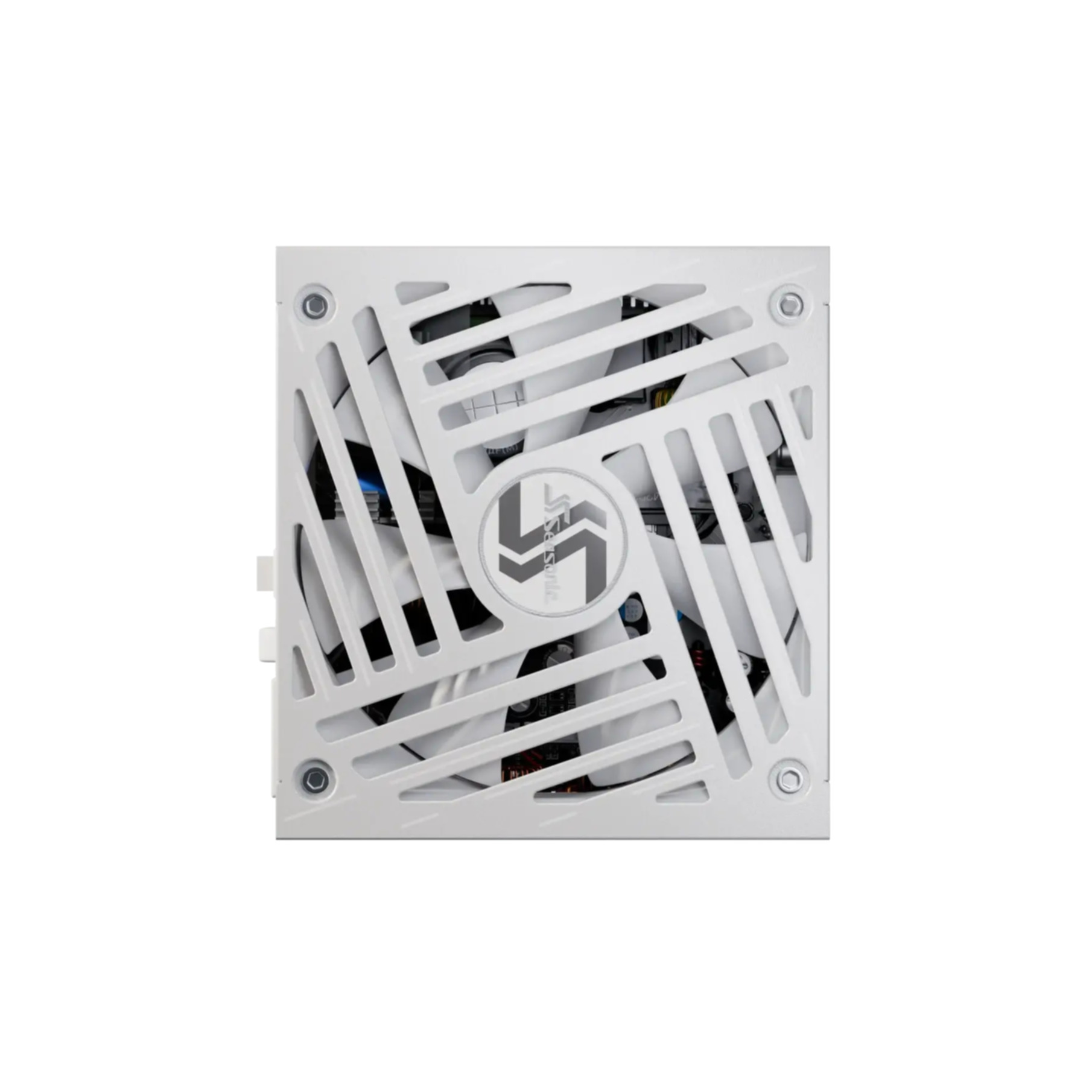 Biały zasilacz z wentylatorem i kratownicą, widok z boku.