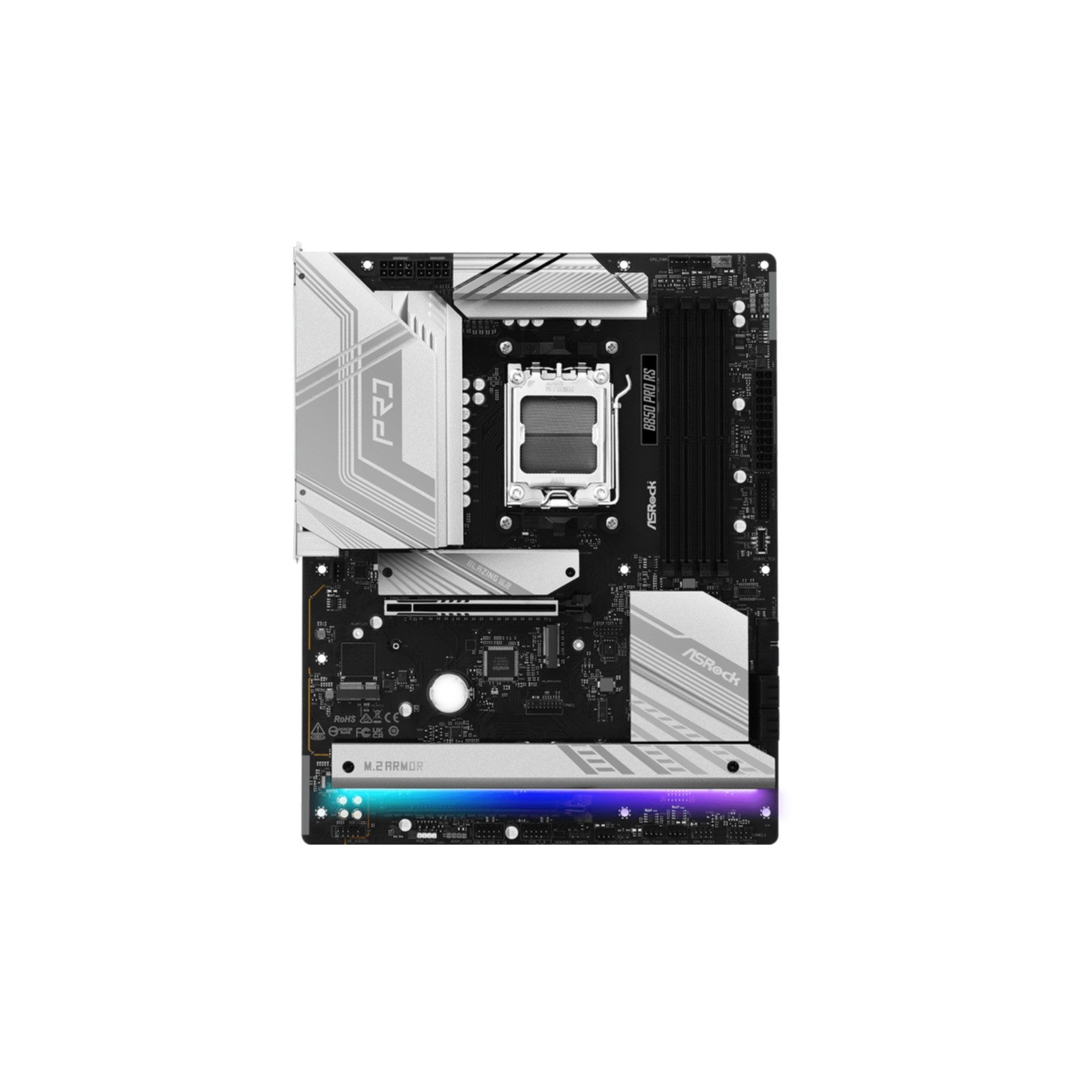 Czarno-srebrna płyta główna komputera z białymi akcentami. Widoczny M.2 ARMOR z oświetleniem RGB.