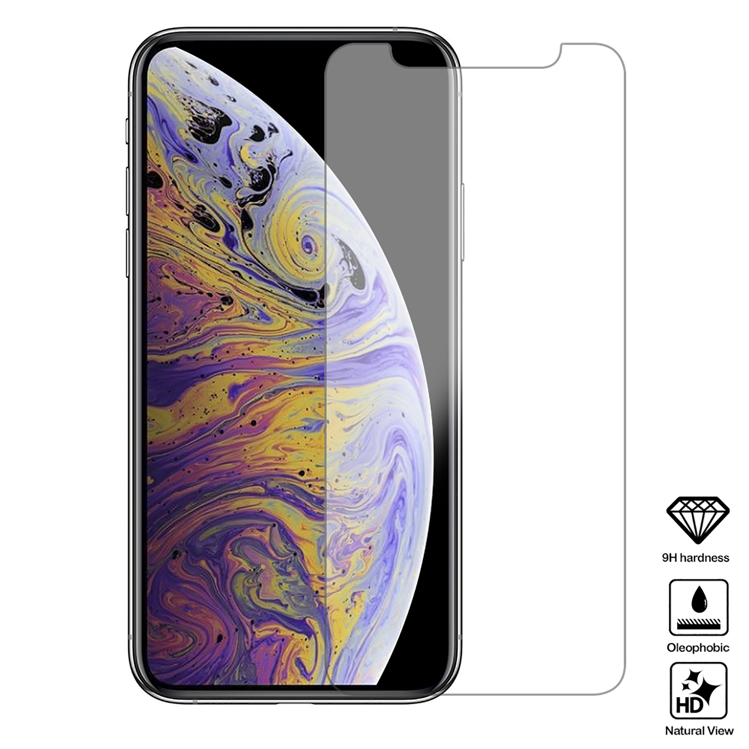 Telefono con protezione schermo, sfondo colorato, con icone.