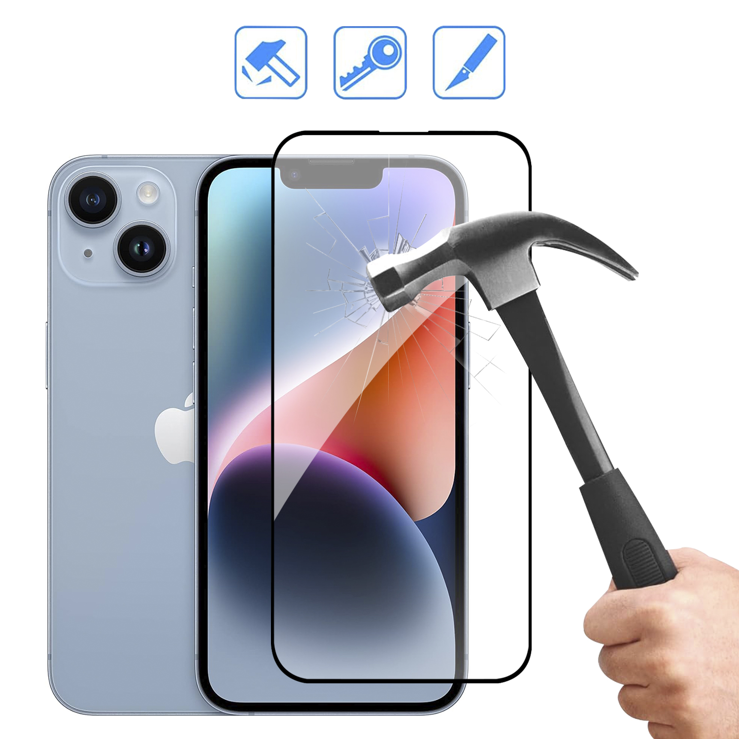 Un martello che colpisce una protezione per lo schermo su un iPhone azzurro. La protezione è incrinata.
