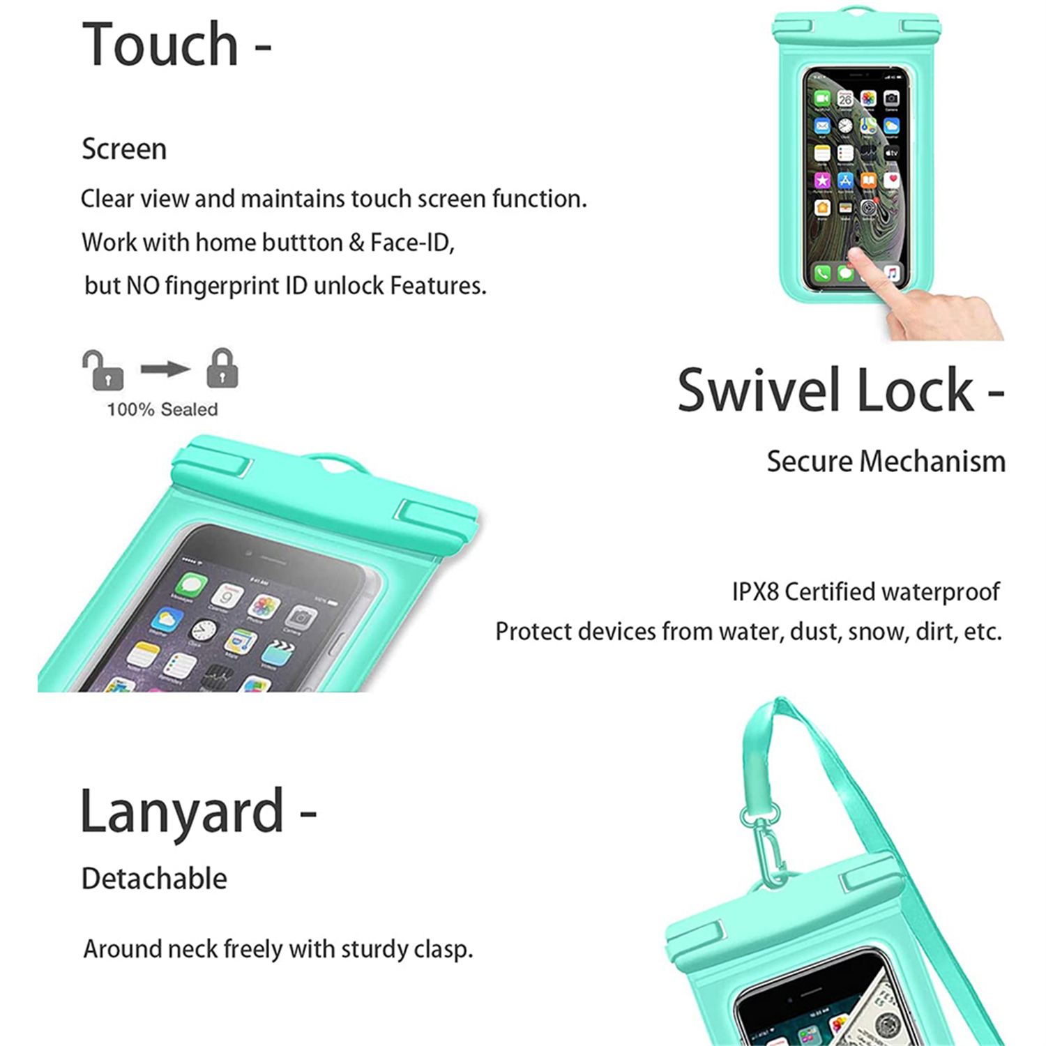 Eine türkisfarbene wasserdichte Handyhülle mit Telefon darin. Text erklärt Touchscreen, Drehverschluss und Schlüsselband.